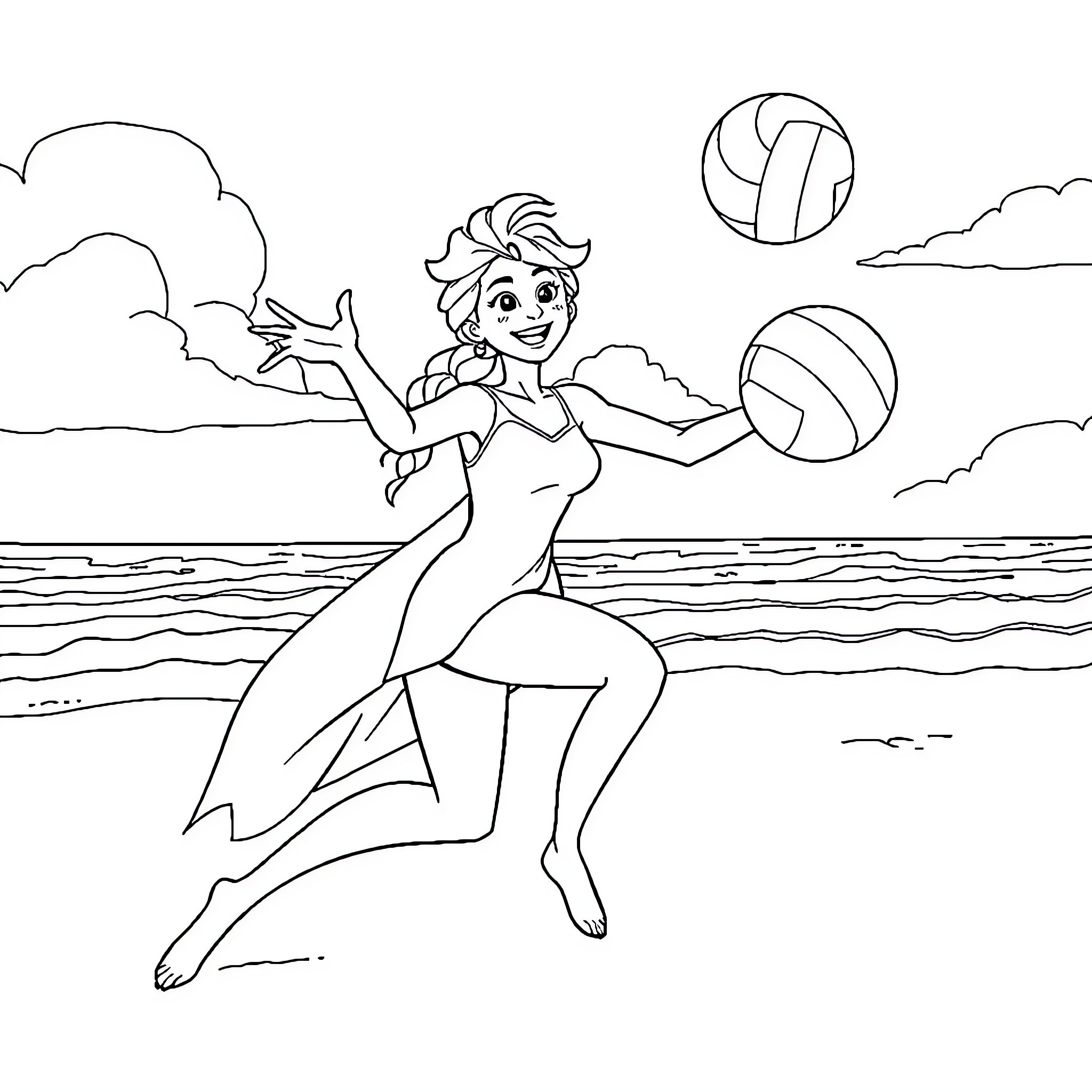 Elsa playing volleyball on the beach Coloring Page (free black-and-white line drawing printable PDF for all, from beginners to advanced learners, including children, teens, adults, and seniors)
