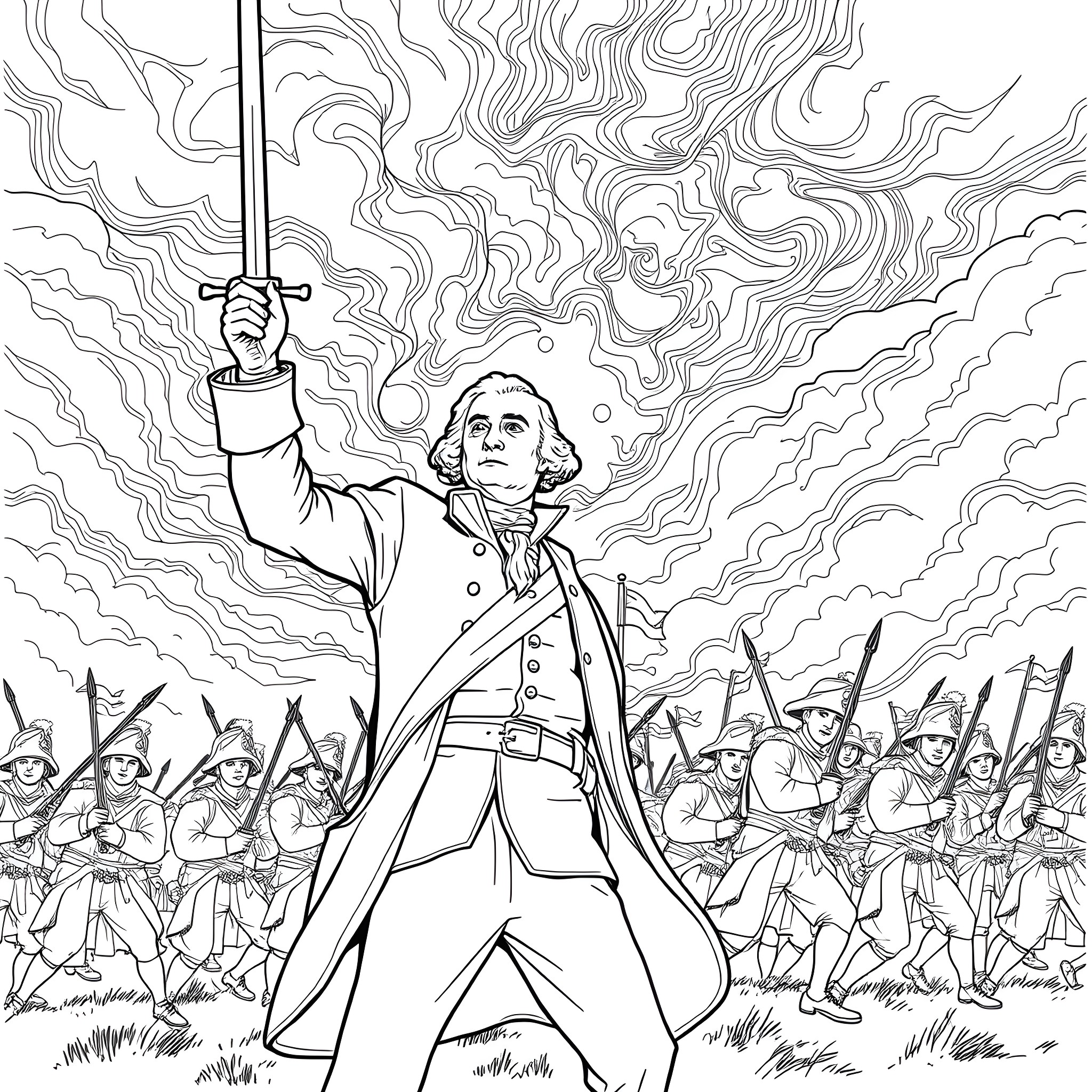 George Washington Leading Revolutionary Troops Into Battle Coloring Page (free black-and-white line drawing printable PDF for all, from beginners to advanced learners, including children, teens, adults, and seniors)