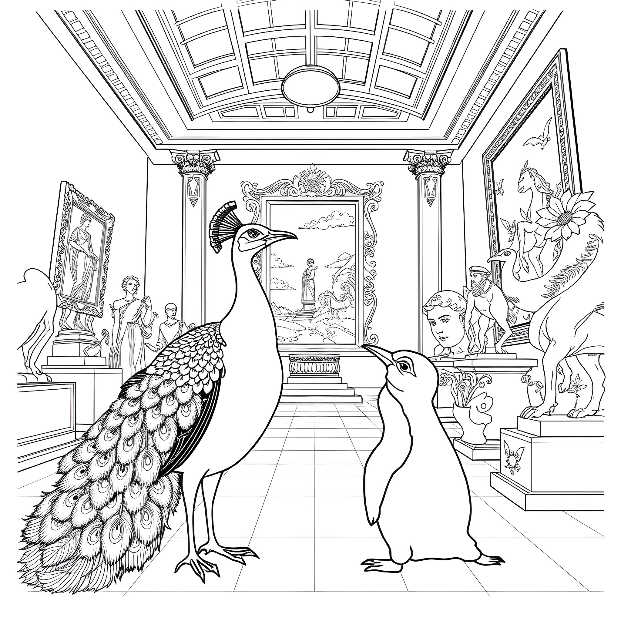 Peacock and Penguin in an Artistic Museum Setting Coloring Page (free black-and-white line drawing printable PDF for all, from beginners to advanced learners, including children, teens, adults, and seniors)