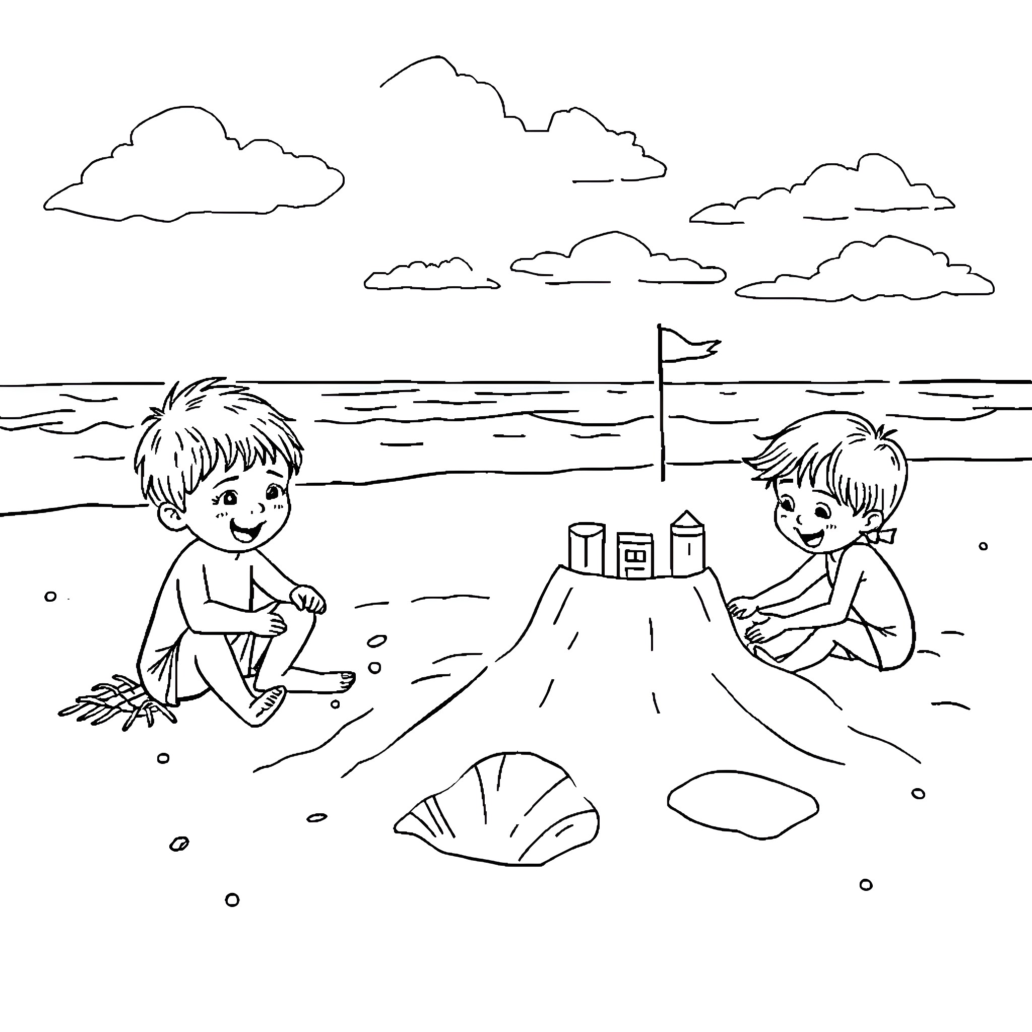 Kid building sandcastle on beach with friend Coloring Page (free black-and-white line drawing printable PDF for all, from beginners to advanced learners, including children, teens, adults, and seniors)