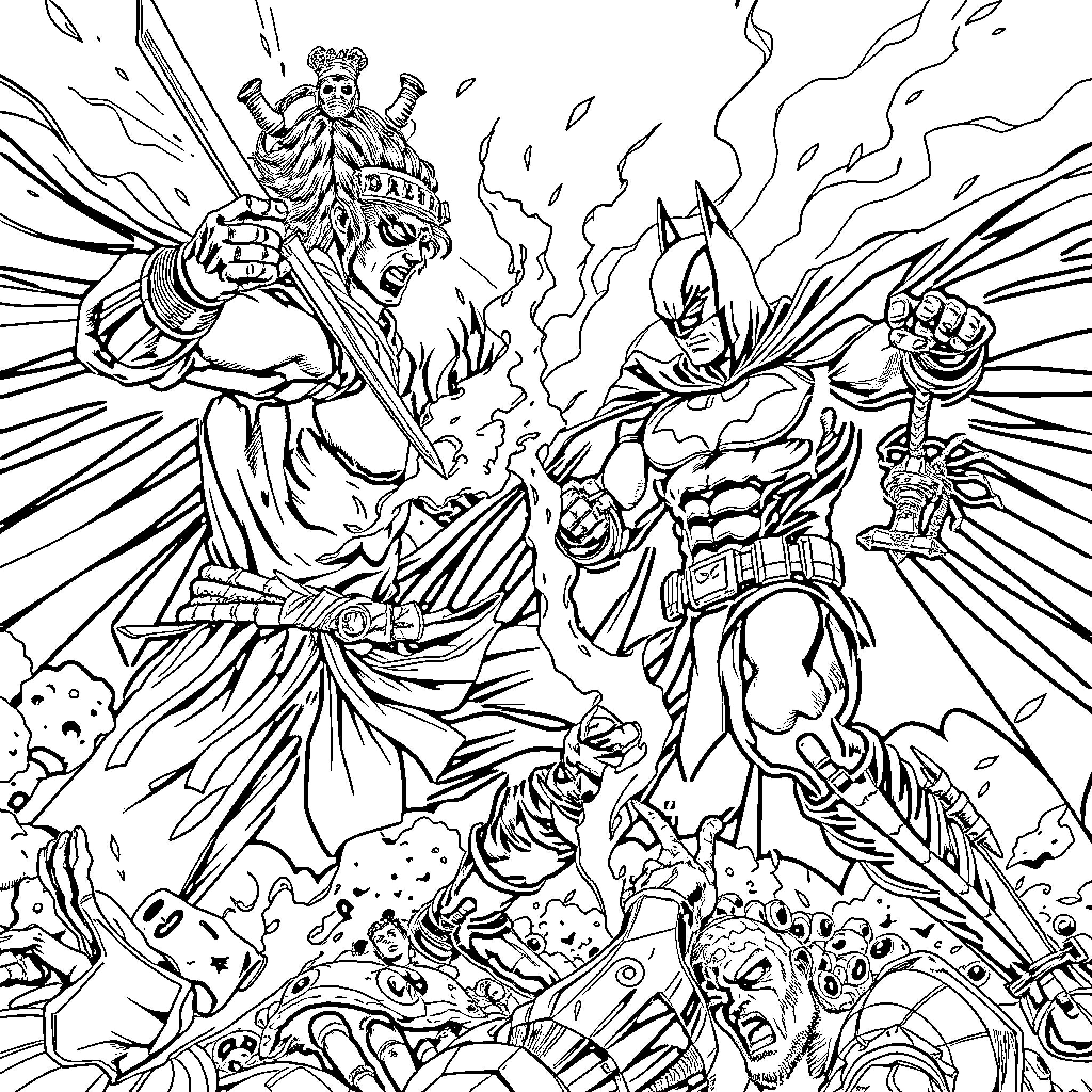 Sangoku: Heroic Clash of Legendary Warriors Coloring Page (free black-and-white line drawing printable PDF for all, from beginners to advanced learners, including children, teens, adults, and seniors)