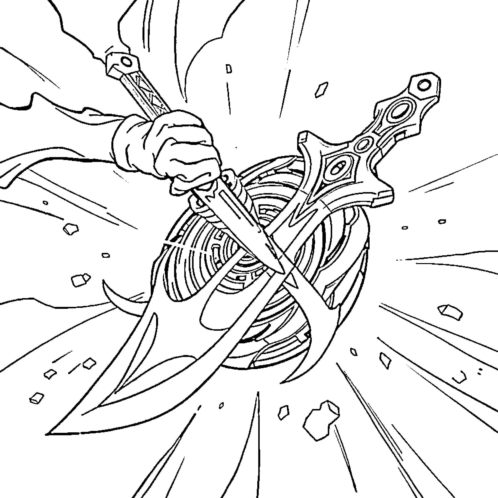 Beyblade characters engaged in intense battle Coloring Page (free black-and-white line drawing printable PDF for all, from beginners to advanced learners, including children, teens, adults, and seniors)