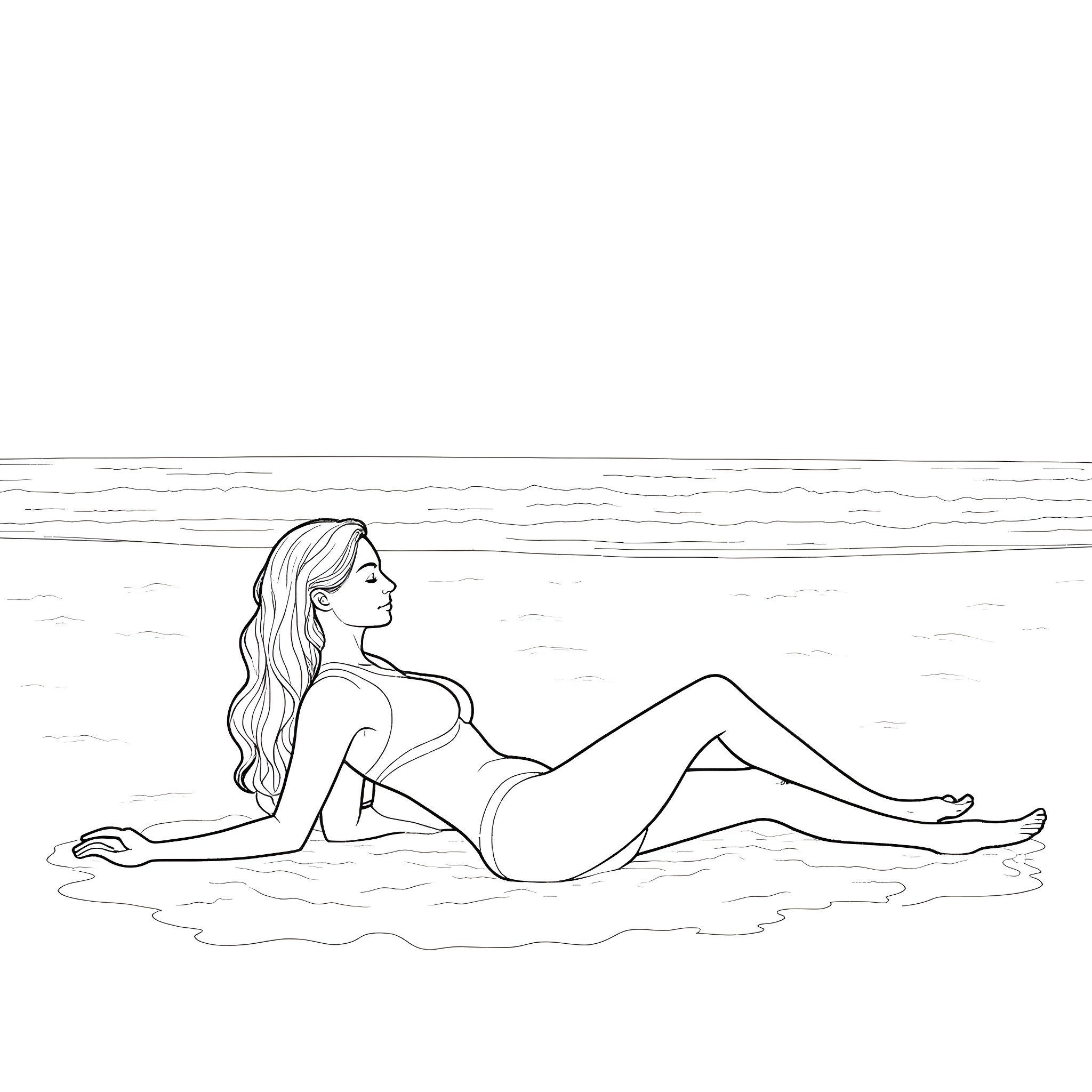 Boudicca lying on the beach in contemplation Coloring Page (free black-and-white line drawing printable PDF for all, from beginners to advanced learners, including children, teens, adults, and seniors)