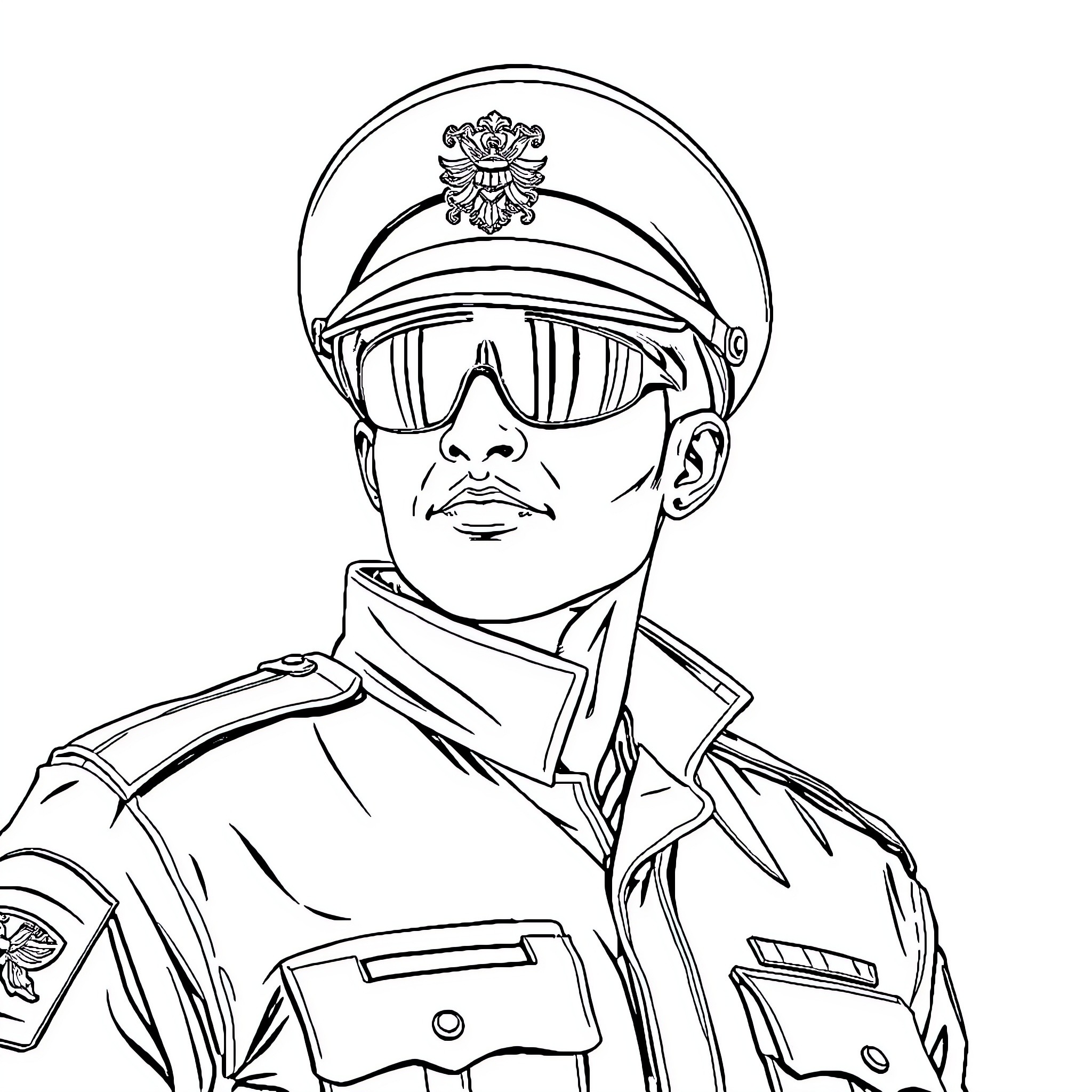 Soldier in military uniform and sunglasses Coloring Page (free black-and-white line drawing printable PDF for all, from beginners to advanced learners, including children, teens, adults, and seniors)