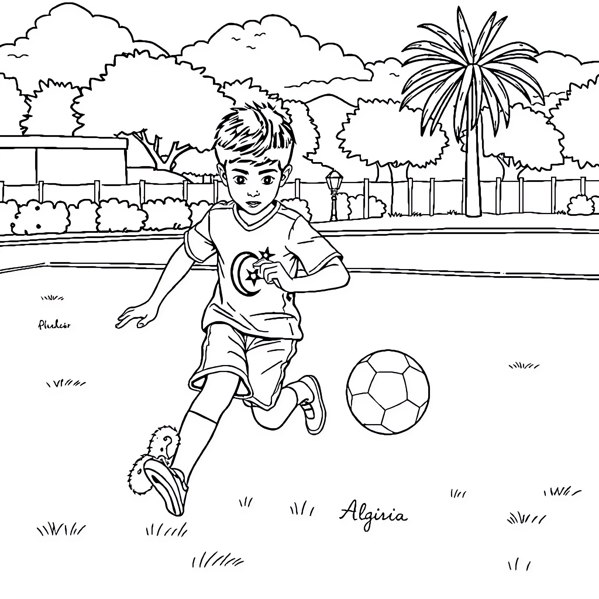 Boy playing soccer on a sunny day Coloring Page (free black-and-white line drawing printable PDF for all, from beginners to advanced learners, including children, teens, adults, and seniors)