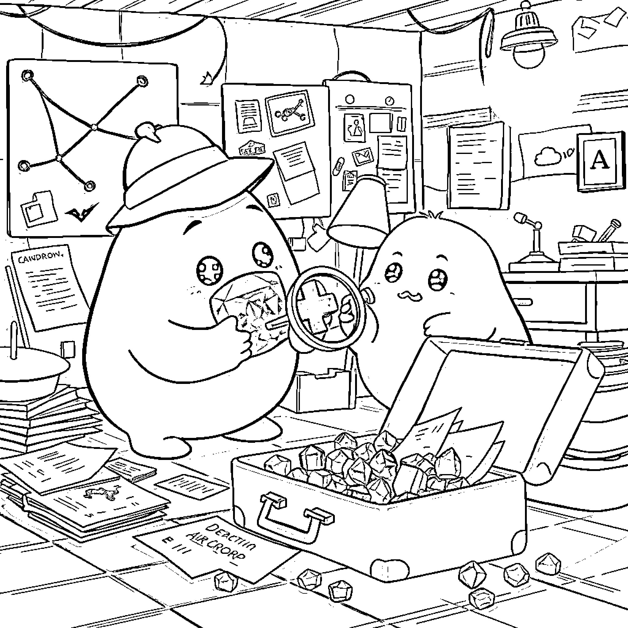 Blob characters exploring a cluttered workspace Coloring Page (free black-and-white line drawing printable PDF for all, from beginners to advanced learners, including children, teens, adults, and seniors)