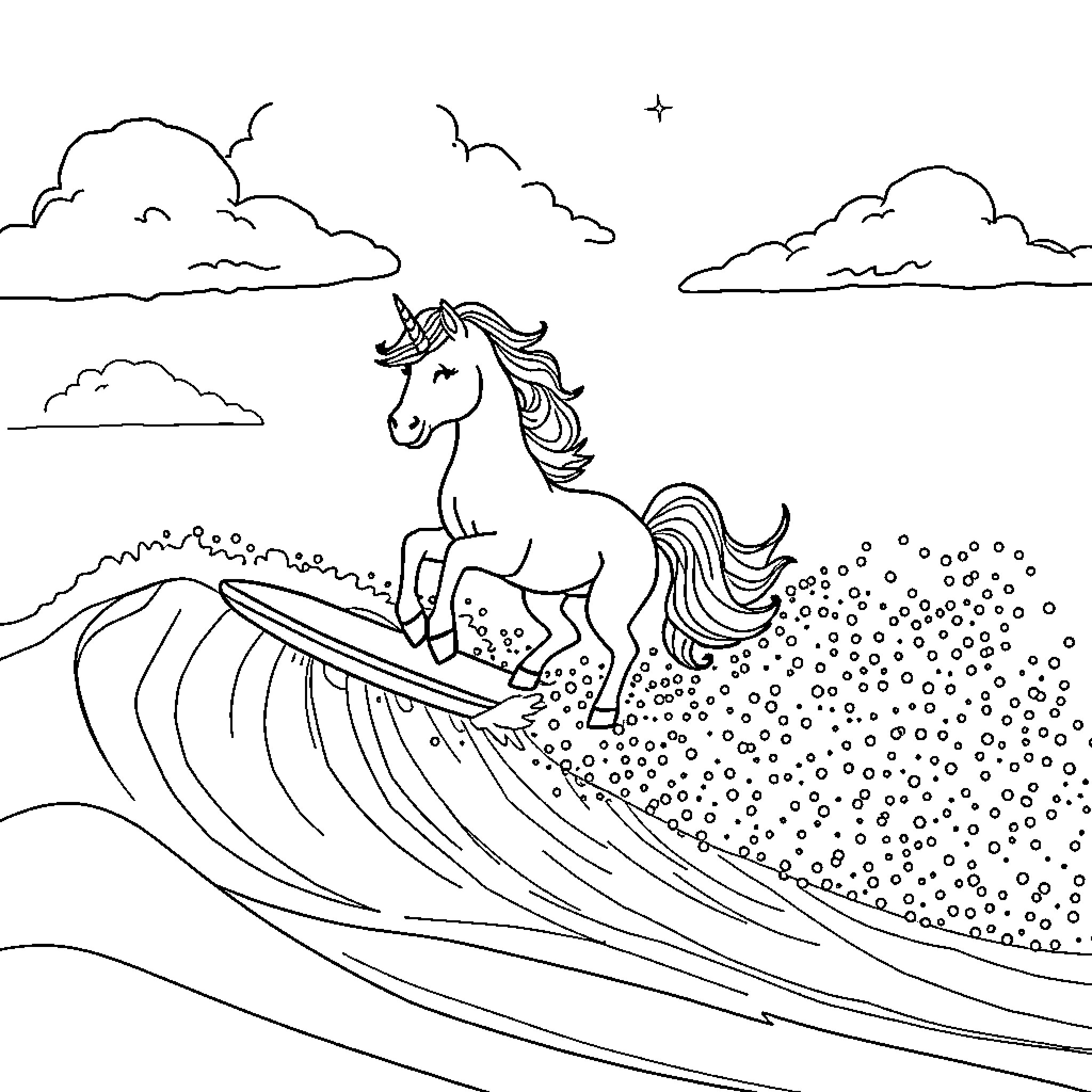 Unicorn surfing on magical waves under the starry night sky Coloring Page (free black-and-white line drawing printable PDF for all, from beginners to advanced learners, including children, teens, adults, and seniors)