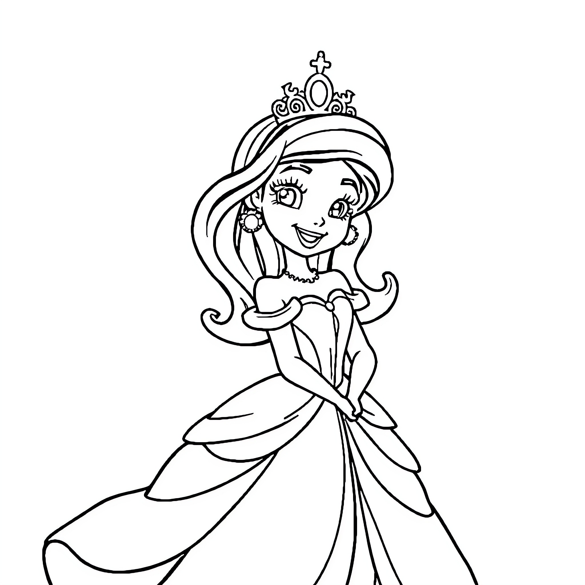 Princess in Elegant Gown and Crown Coloring Page (free black-and-white line drawing printable PDF for all, from beginners to advanced learners, including children, teens, adults, and seniors)