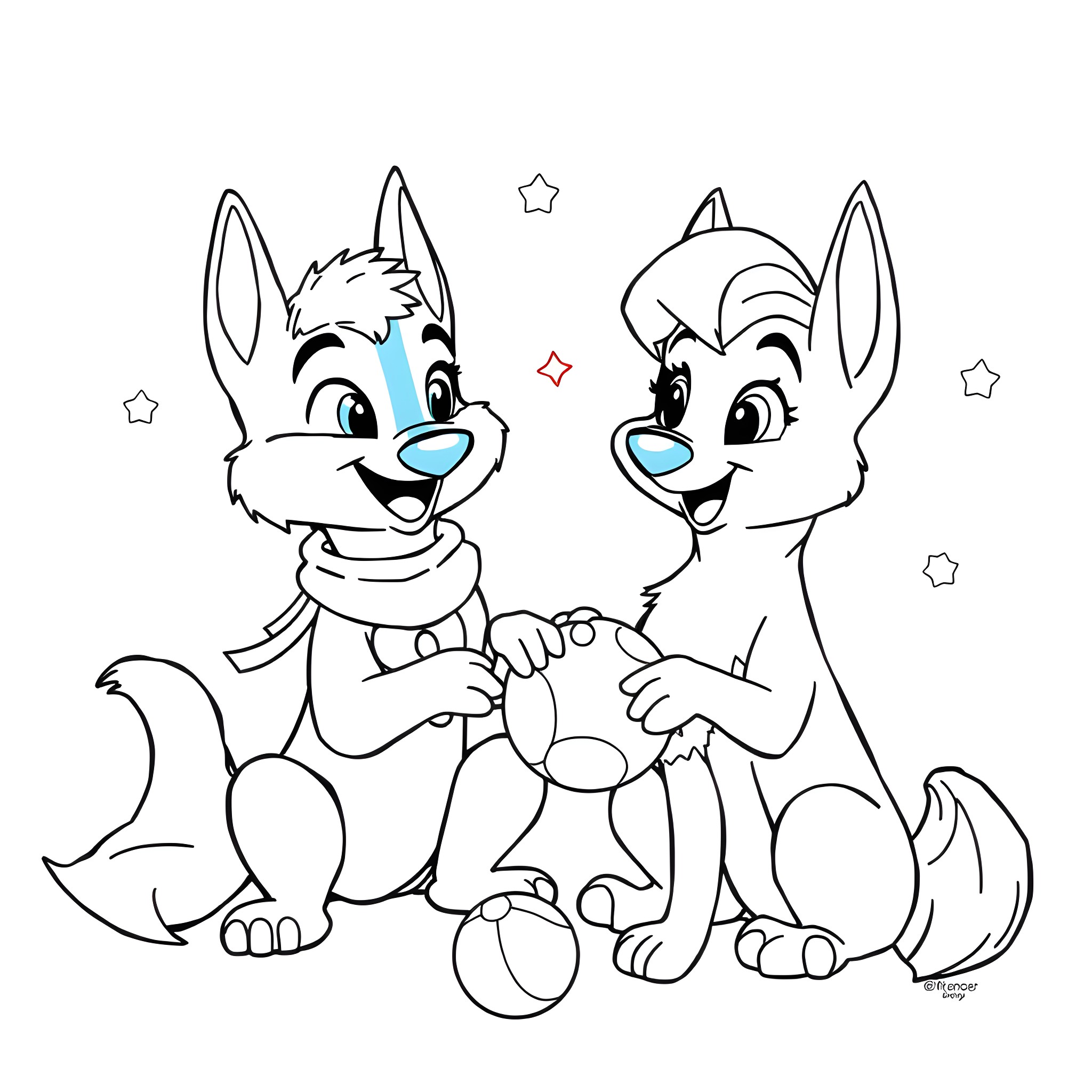 Bluey and Friends Playing Happily Coloring Page (free black-and-white line drawing printable PDF for all, from beginners to advanced learners, including children, teens, adults, and seniors)