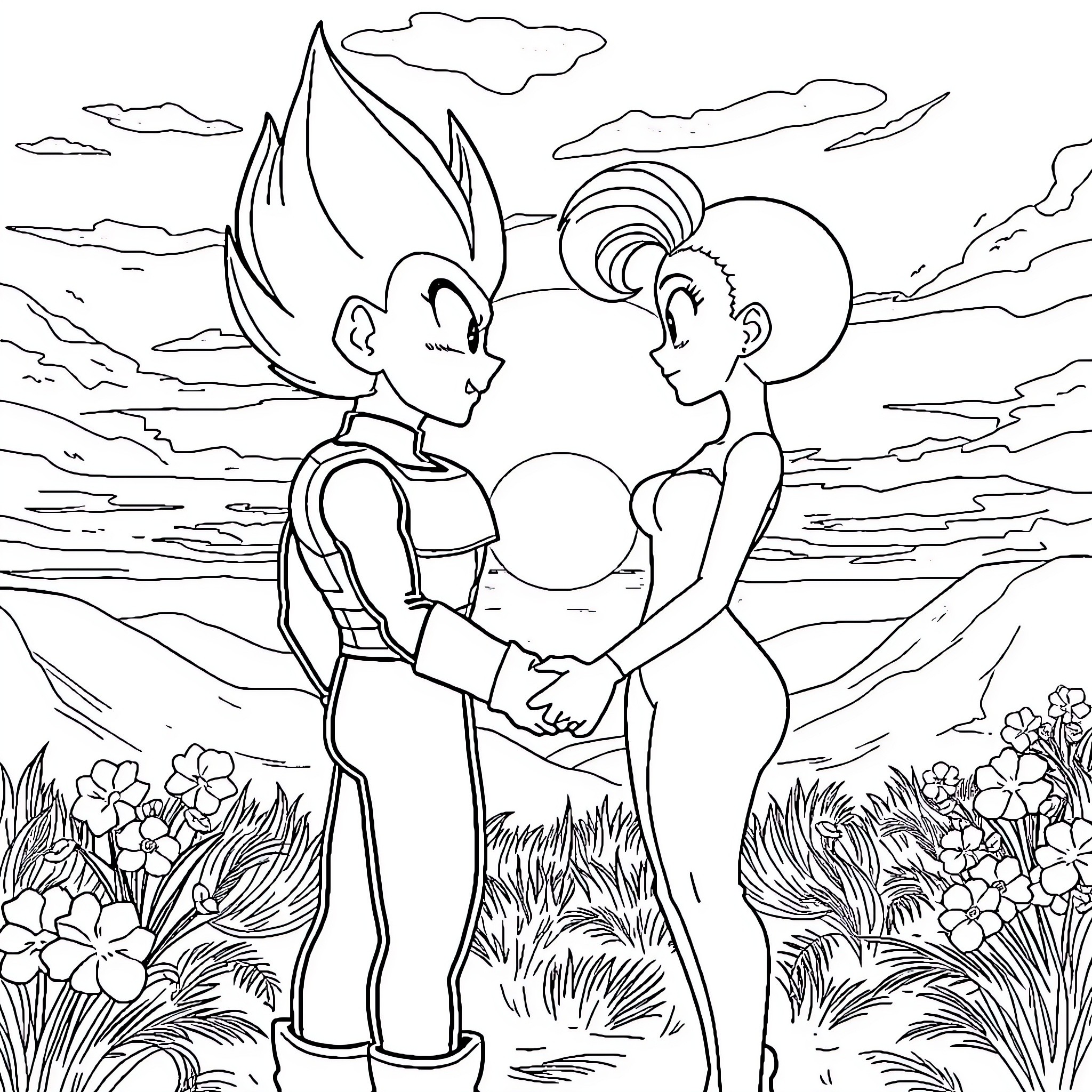 Vegeta and Bulma in a romantic scenic setting Coloring Page (free black-and-white line drawing printable PDF for all, from beginners to advanced learners, including children, teens, adults, and seniors)