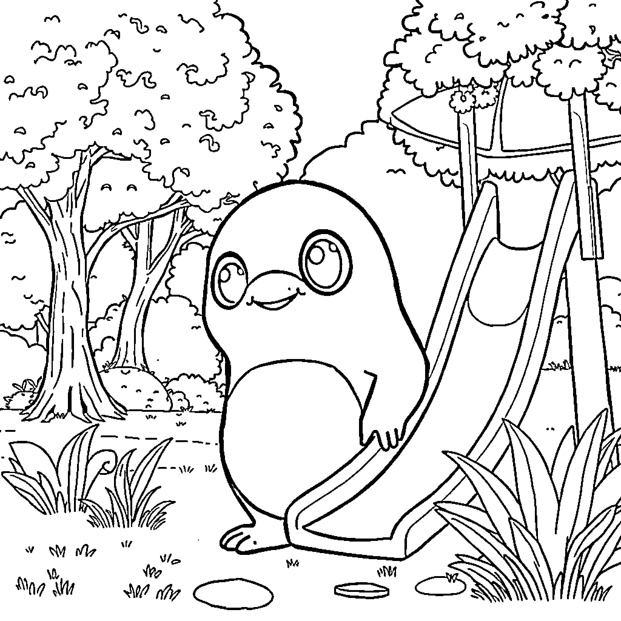 Labubu's Woodland Adventure Coloring Page (free black-and-white line drawing printable PDF for all, from beginners to advanced learners, including children, teens, adults, and seniors)