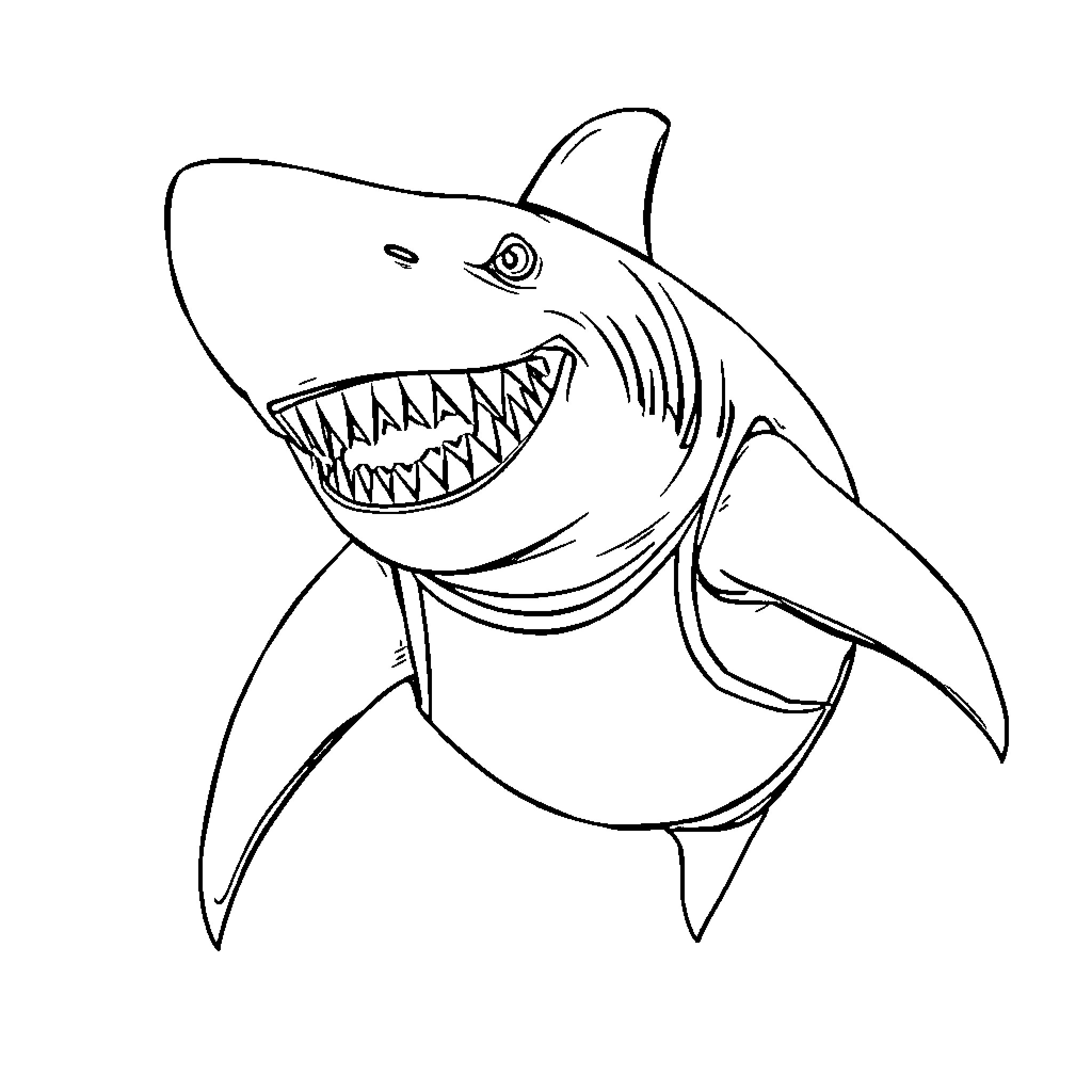 Shark with sharp teeth charging aggressively Coloring Page (free black-and-white line drawing printable PDF for all, from beginners to advanced learners, including children, teens, adults, and seniors)
