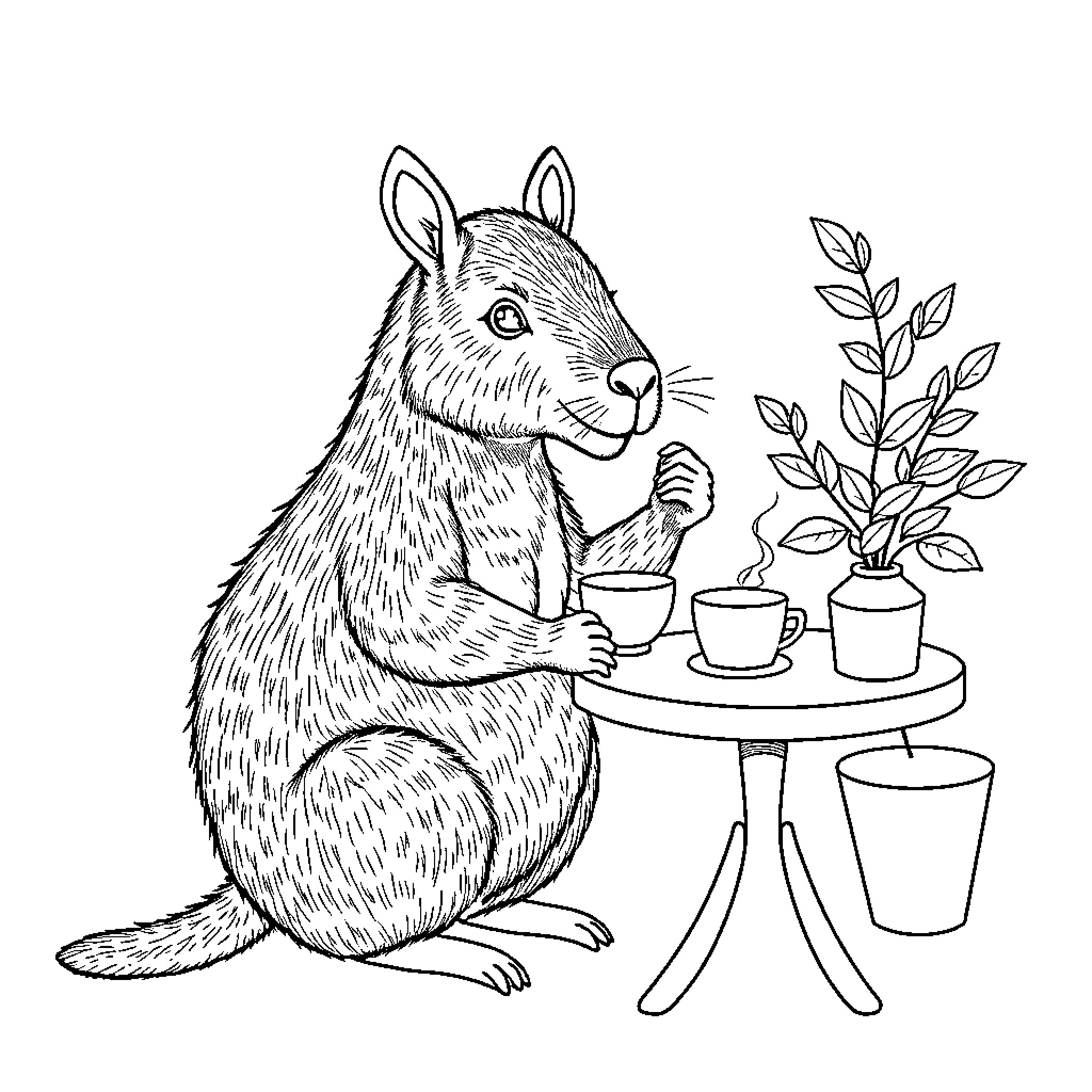 Capibara enjoying tea time with plants Coloring Page (free black-and-white line drawing printable PDF for all, from beginners to advanced learners, including children, teens, adults, and seniors)