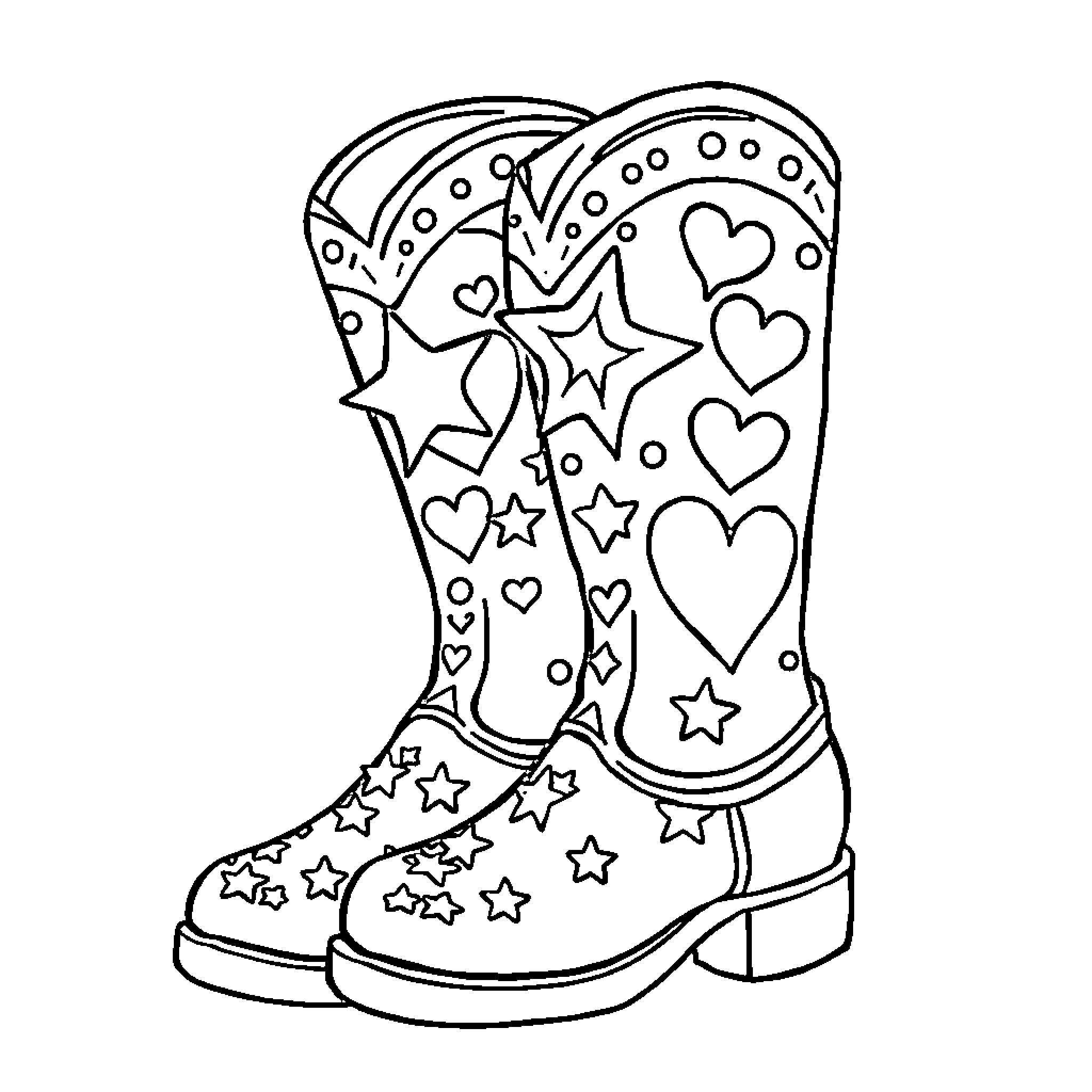 Boots decorated with stars and hearts Coloring Page (free black-and-white line drawing printable PDF for all, from beginners to advanced learners, including children, teens, adults, and seniors)