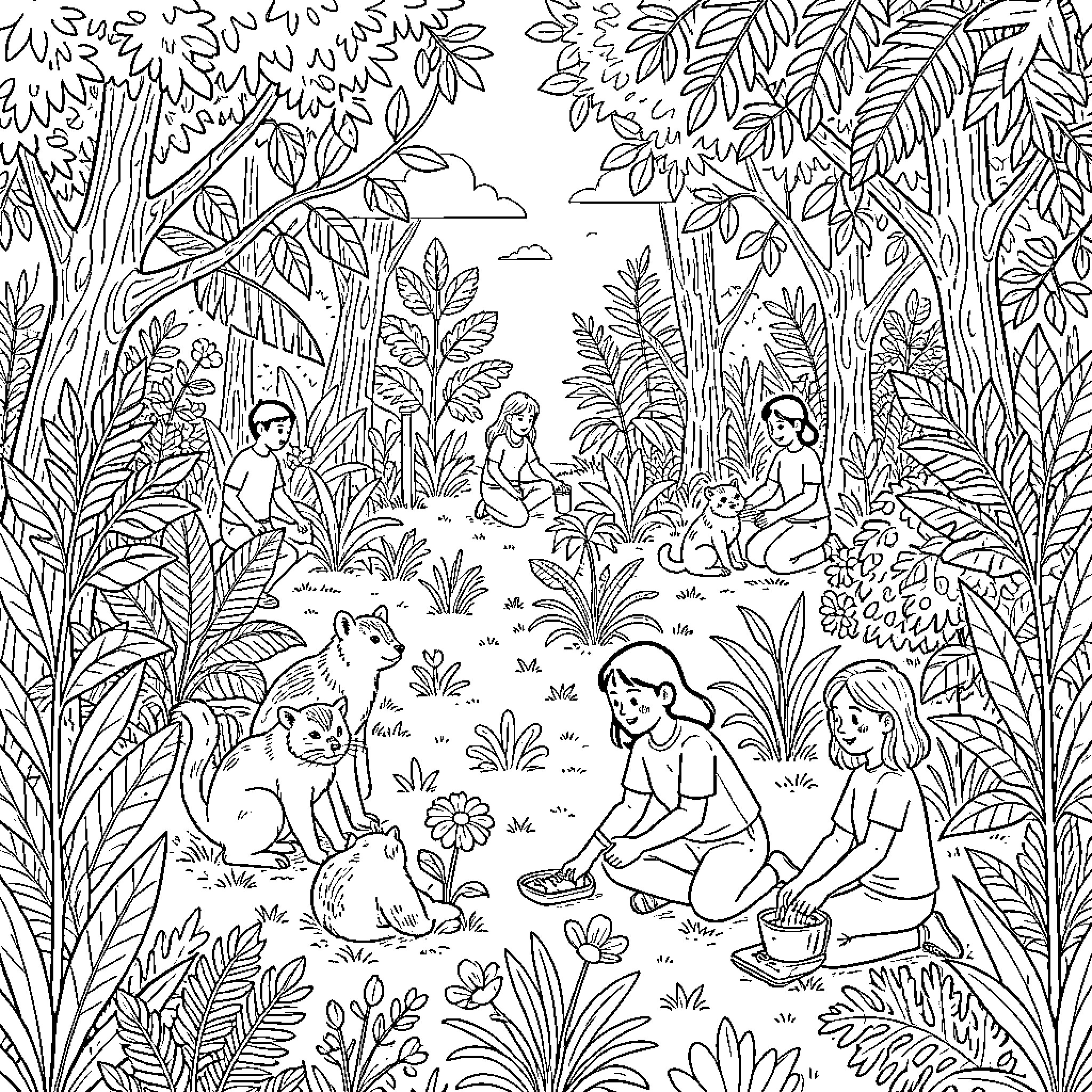 Entorno de niños interactuando con animales en la naturaleza Coloring Page (free black-and-white line drawing printable PDF for all, from beginners to advanced learners, including children, teens, adults, and seniors)