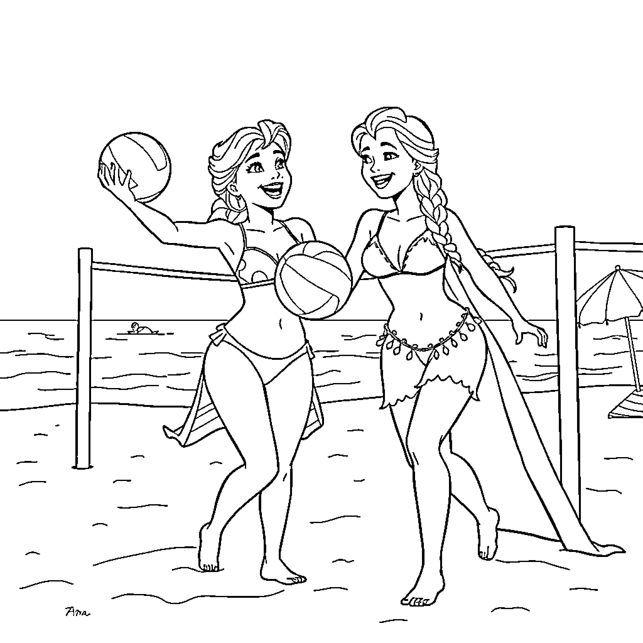 Anna and Elsa playing happily on the beach Coloring Page (free black-and-white line drawing printable PDF for all, from beginners to advanced learners, including children, teens, adults, and seniors)