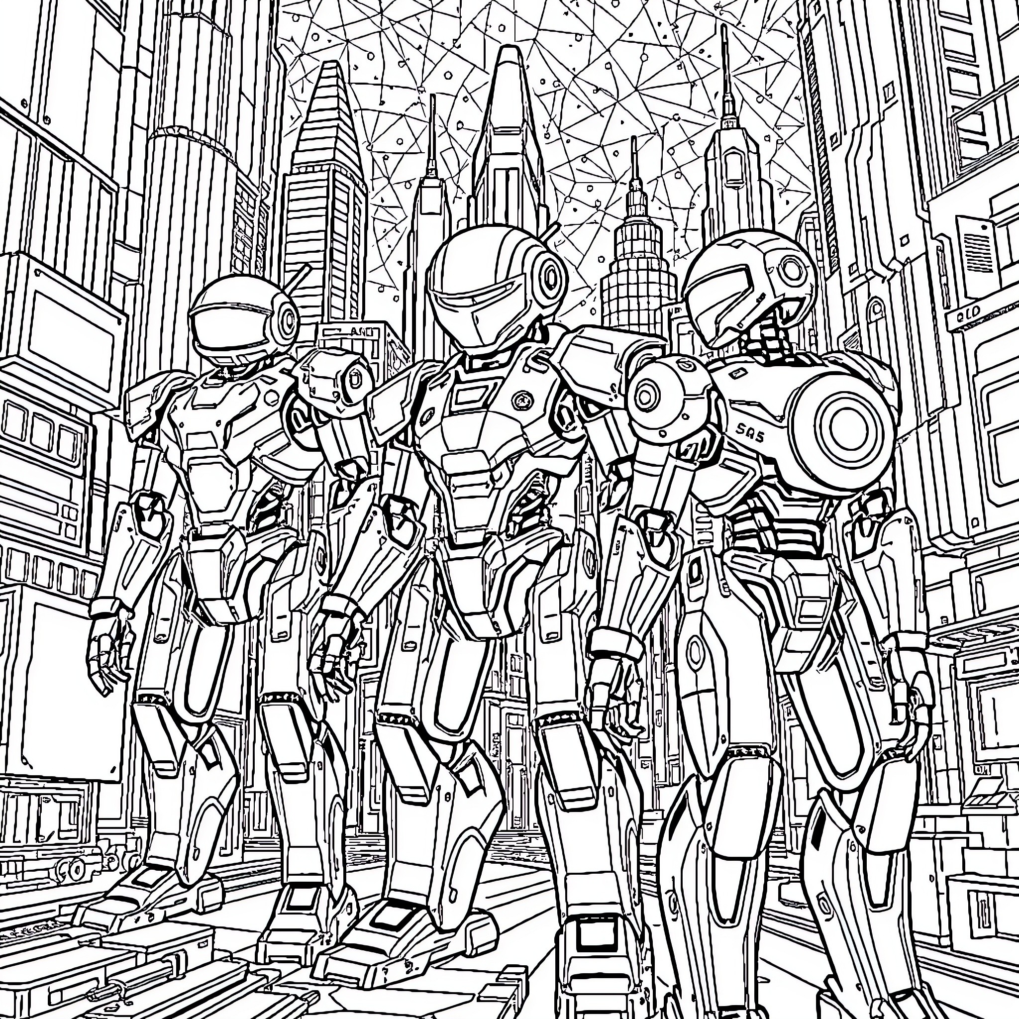 Robot Warriors in Futuristic City Coloring Page (free black-and-white line drawing printable PDF for all, from beginners to advanced learners, including children, teens, adults, and seniors)