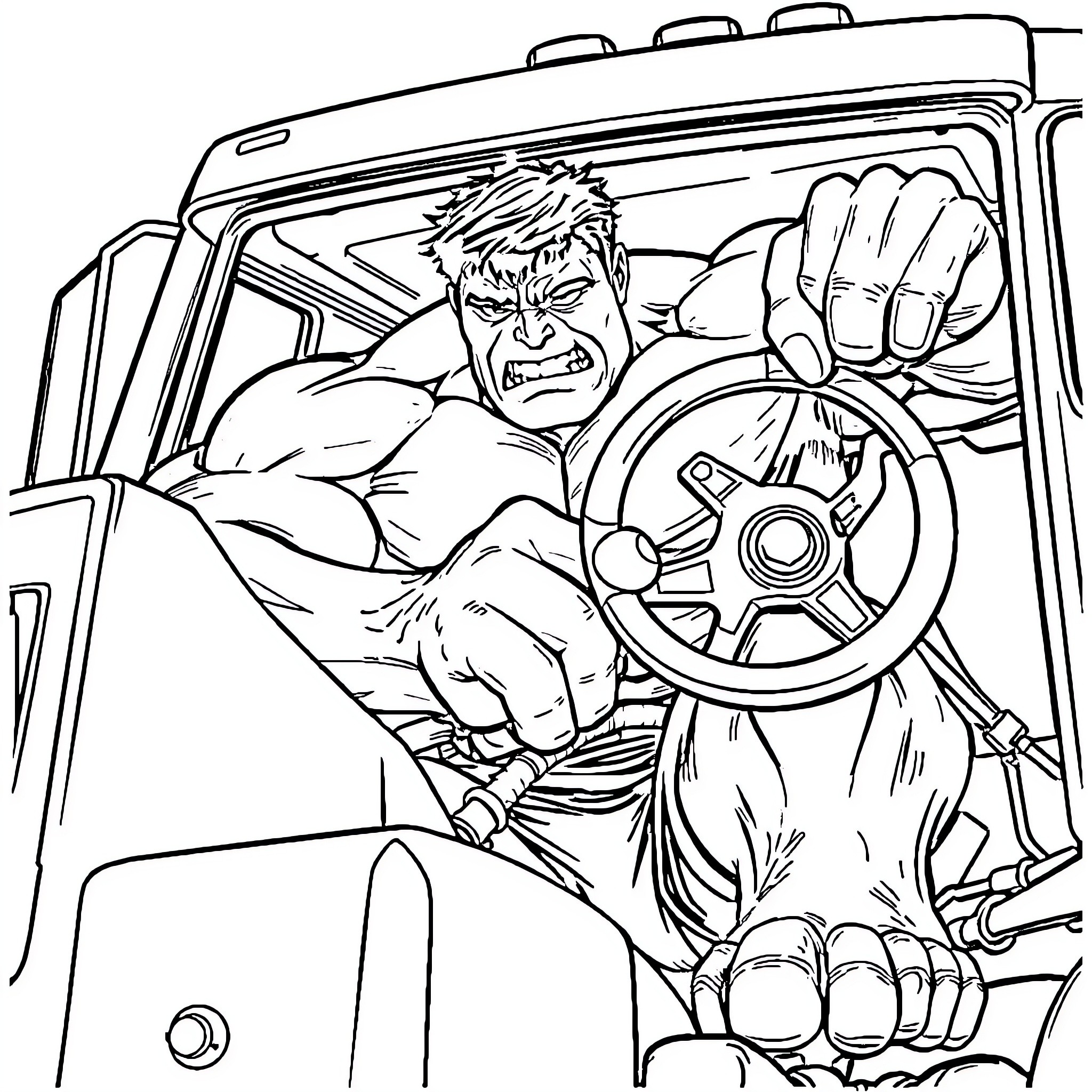 Hulk Driving Forcefully in His Vehicle Coloring Page (free black-and-white line drawing printable PDF for all, from beginners to advanced learners, including children, teens, adults, and seniors)