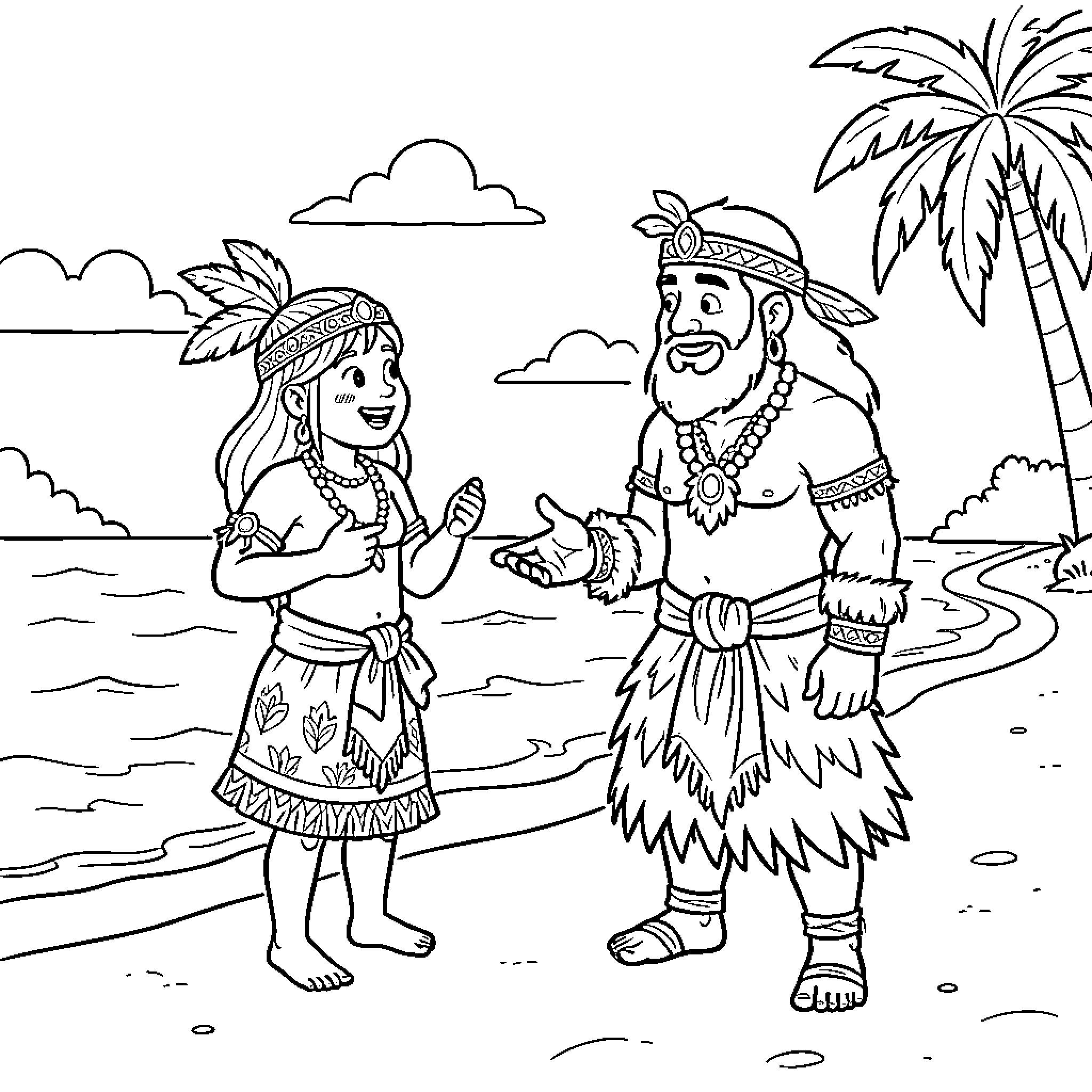 Vaïna interacting with a tribal man on the beach Coloring Page (free black-and-white line drawing printable PDF for all, from beginners to advanced learners, including children, teens, adults, and seniors)