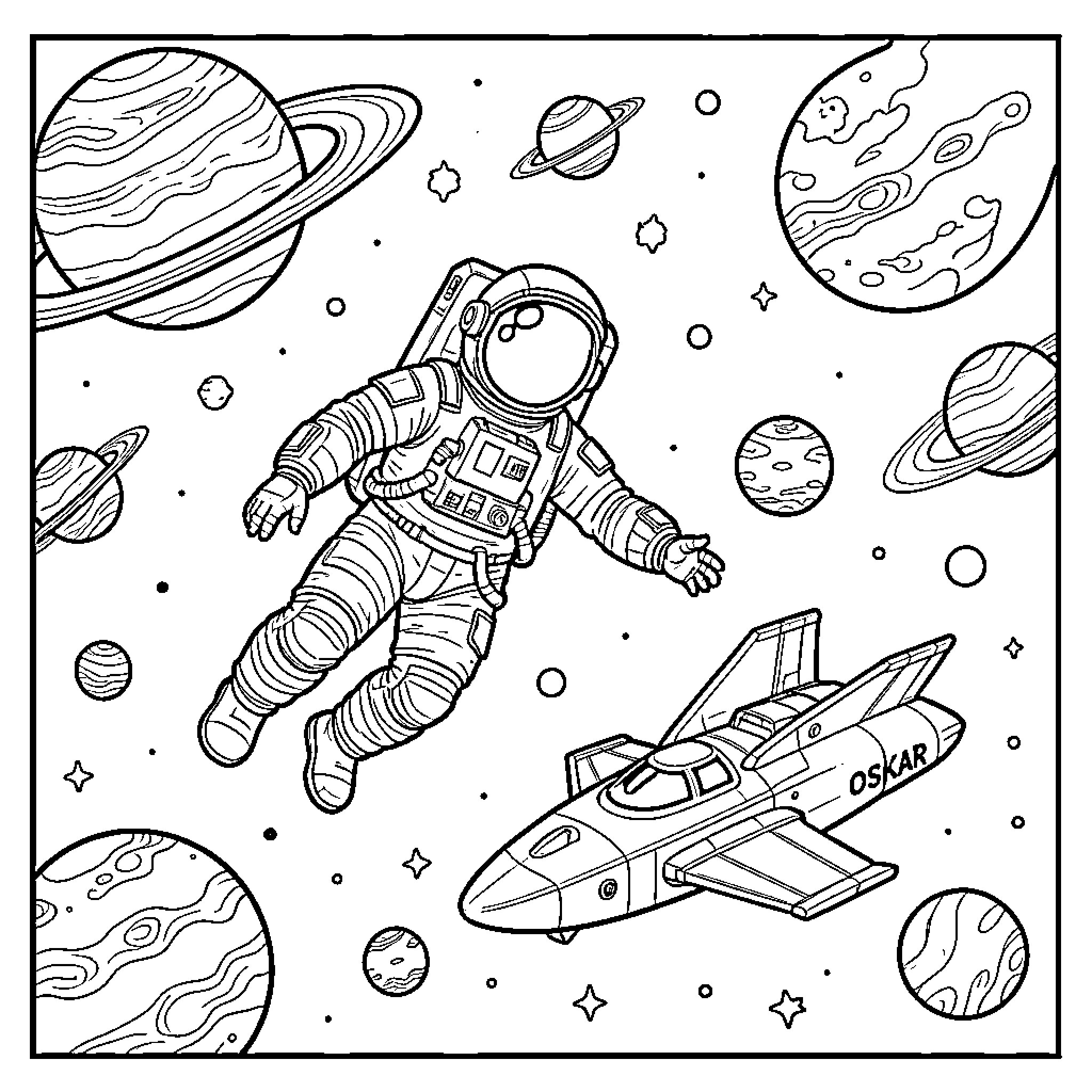 Astronaut exploring the wonders of space Coloring Page (free black-and-white line drawing printable PDF for all, from beginners to advanced learners, including children, teens, adults, and seniors)