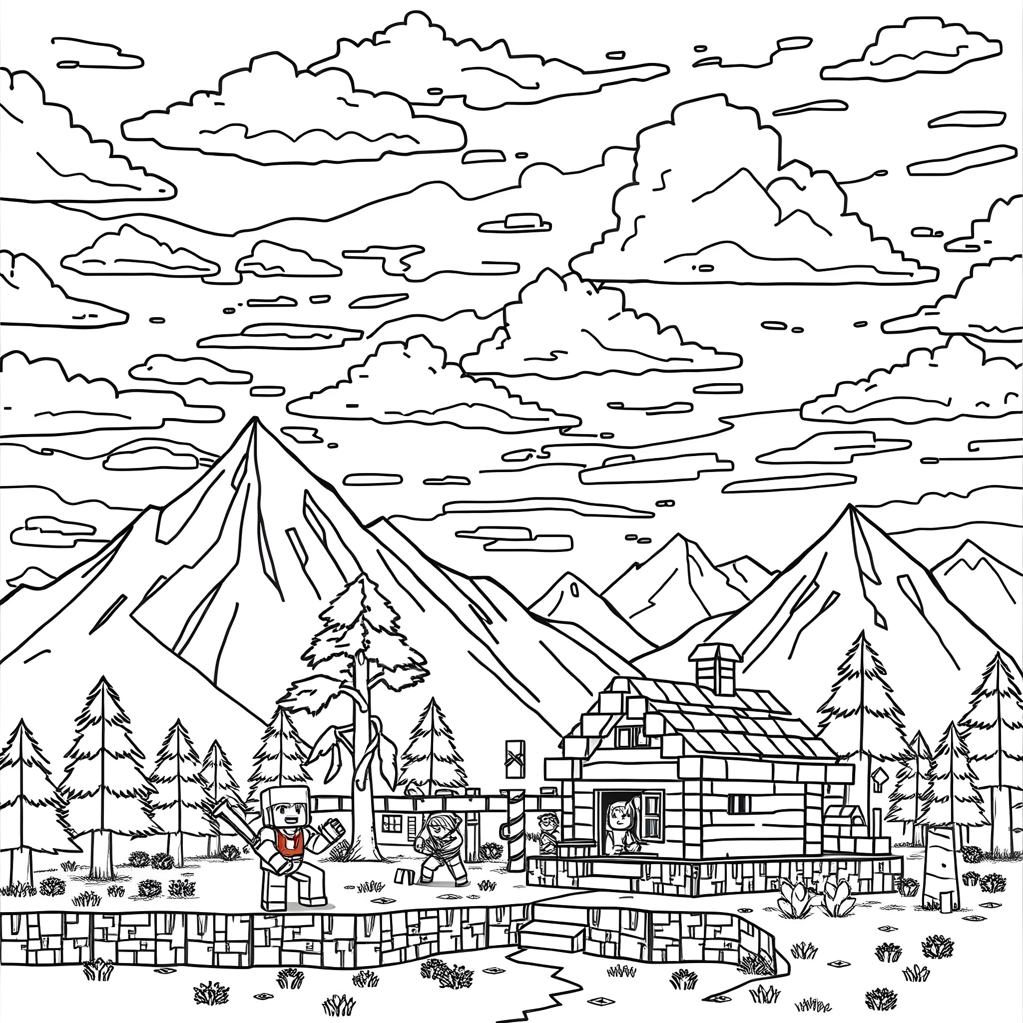 Minecraft camping adventure in the snowy mountains Coloring Page (free black-and-white line drawing printable PDF for all, from beginners to advanced learners, including children, teens, adults, and seniors)
