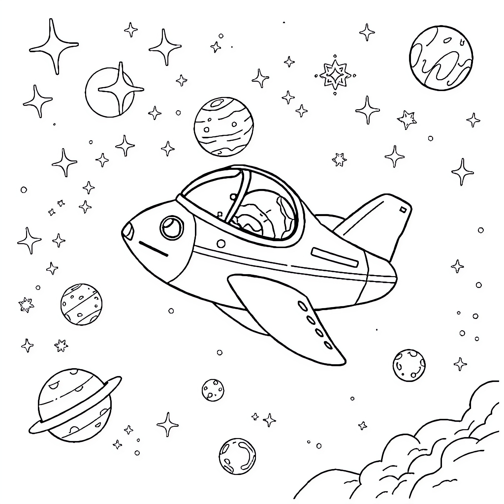 Paw Patrol Spaceship Adventure in the Cosmos Coloring Page (free black-and-white line drawing printable PDF for all, from beginners to advanced learners, including children, teens, adults, and seniors)
