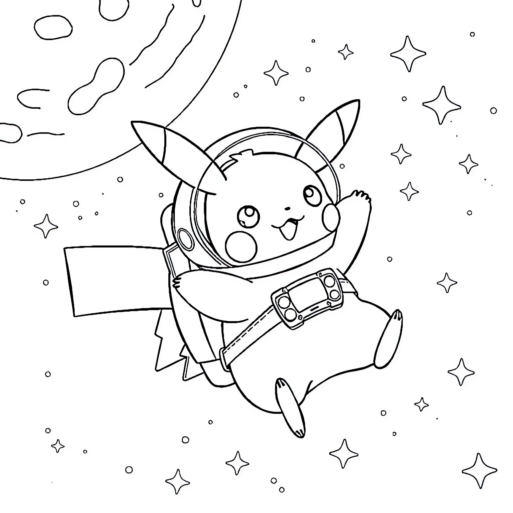 Pikachu exploring the cosmic galaxy Coloring Page (free black-and-white line drawing printable PDF for all, from beginners to advanced learners, including children, teens, adults, and seniors)