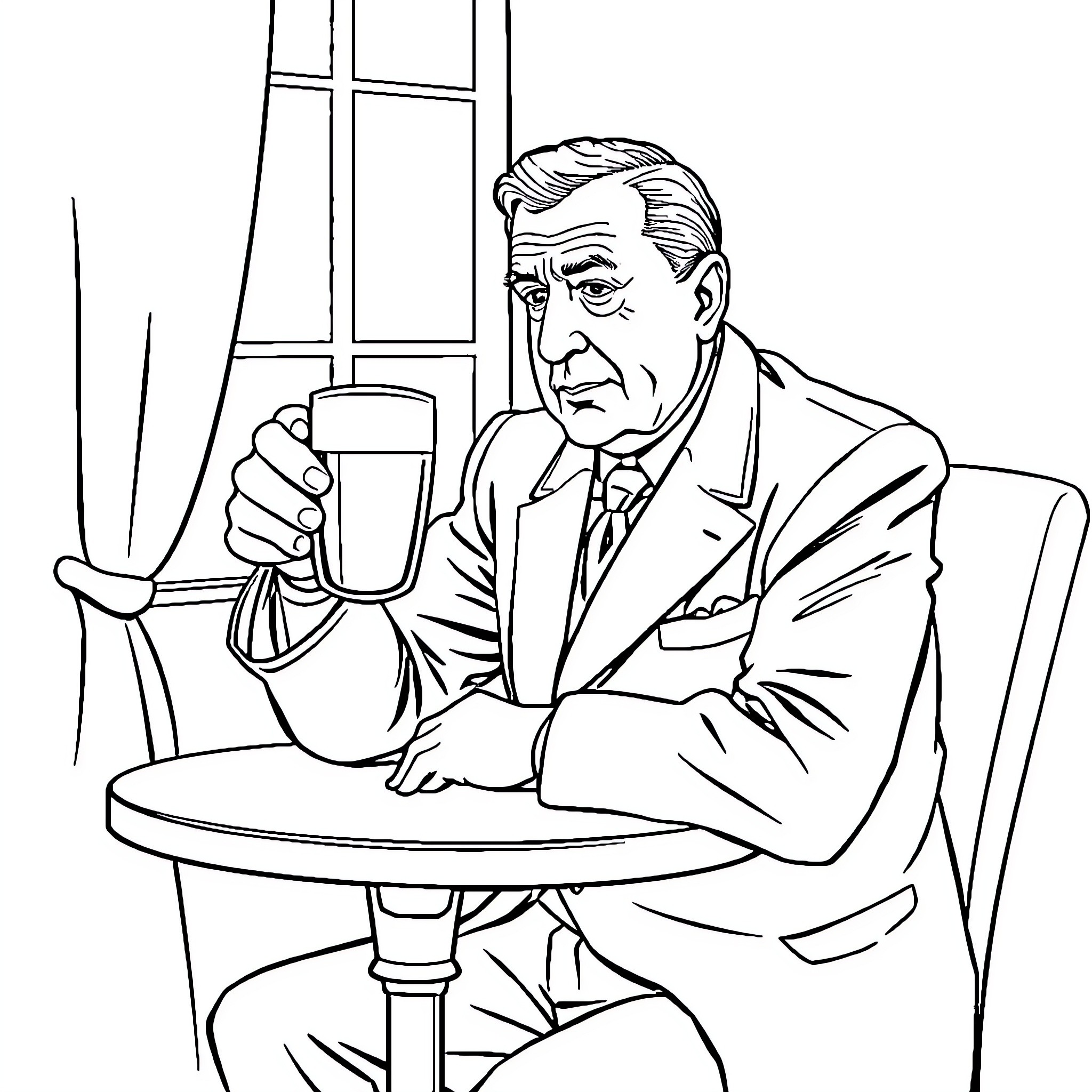 General de Gaulle Enjoying Coffee Break Coloring Page (free black-and-white line drawing printable PDF for all, from beginners to advanced learners, including children, teens, adults, and seniors)