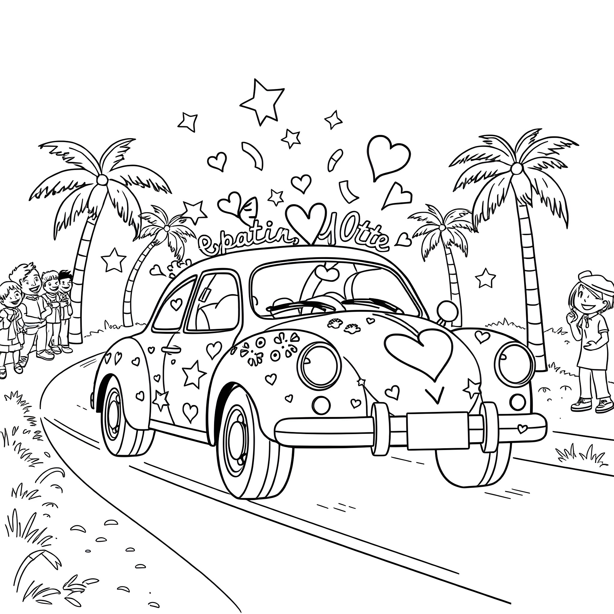 Car with hearts and stars in tropical beach scene Coloring Page (free black-and-white line drawing printable PDF for all, from beginners to advanced learners, including children, teens, adults, and seniors)
