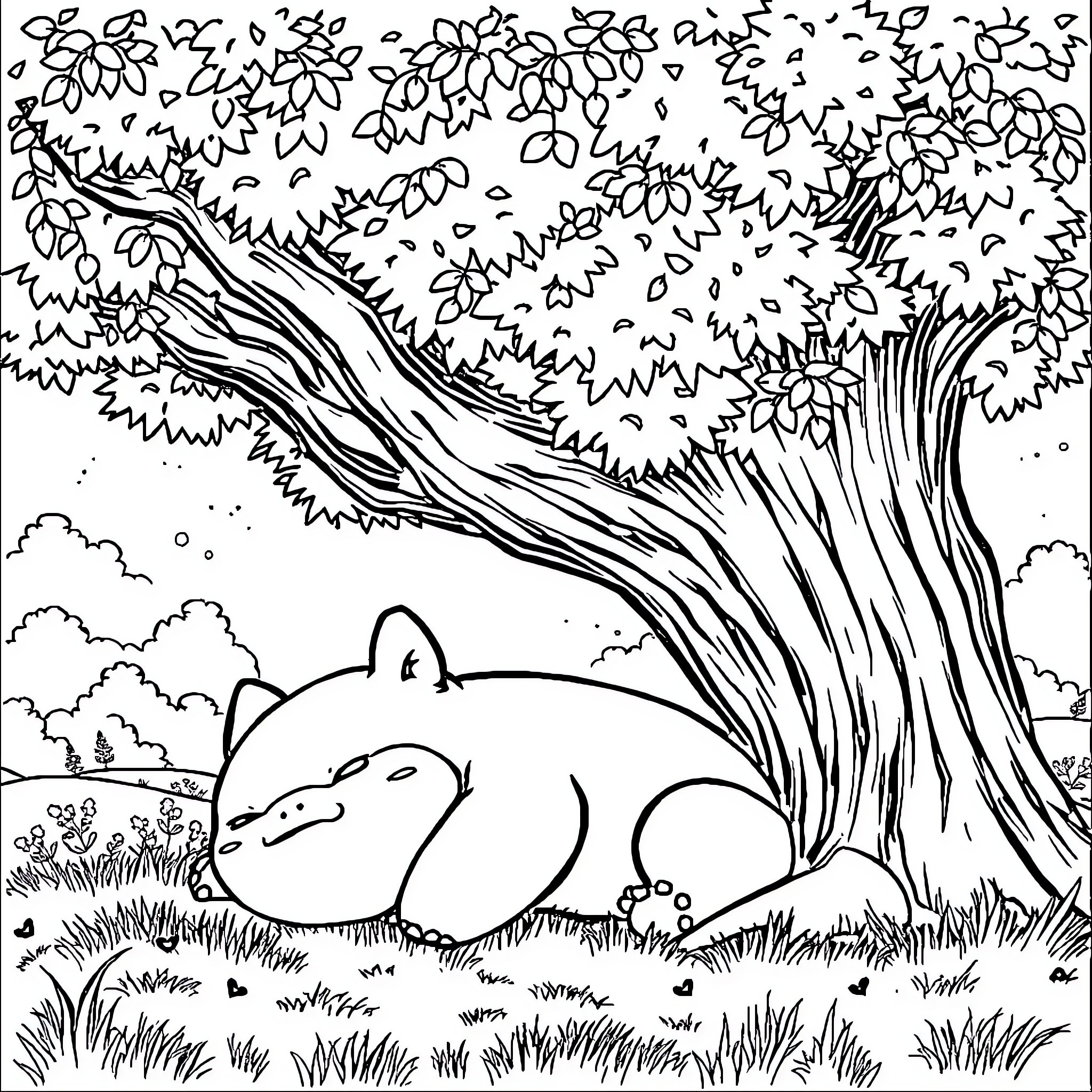 Snorlax resting peacefully in the wilderness Coloring Page (free black-and-white line drawing printable PDF for all, from beginners to advanced learners, including children, teens, adults, and seniors)