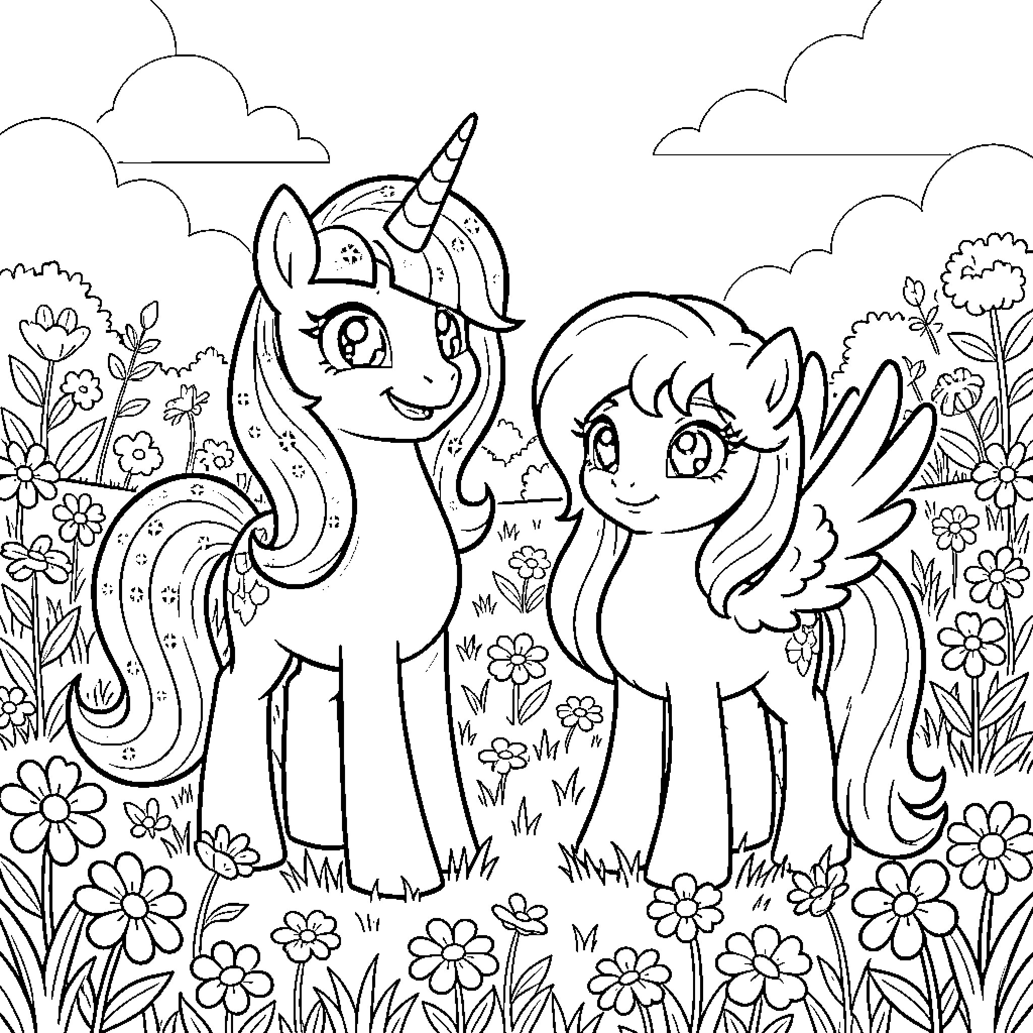 My Little Pony friends enjoying a floral meadow Coloring Page (free black-and-white line drawing printable PDF for all, from beginners to advanced learners, including children, teens, adults, and seniors)