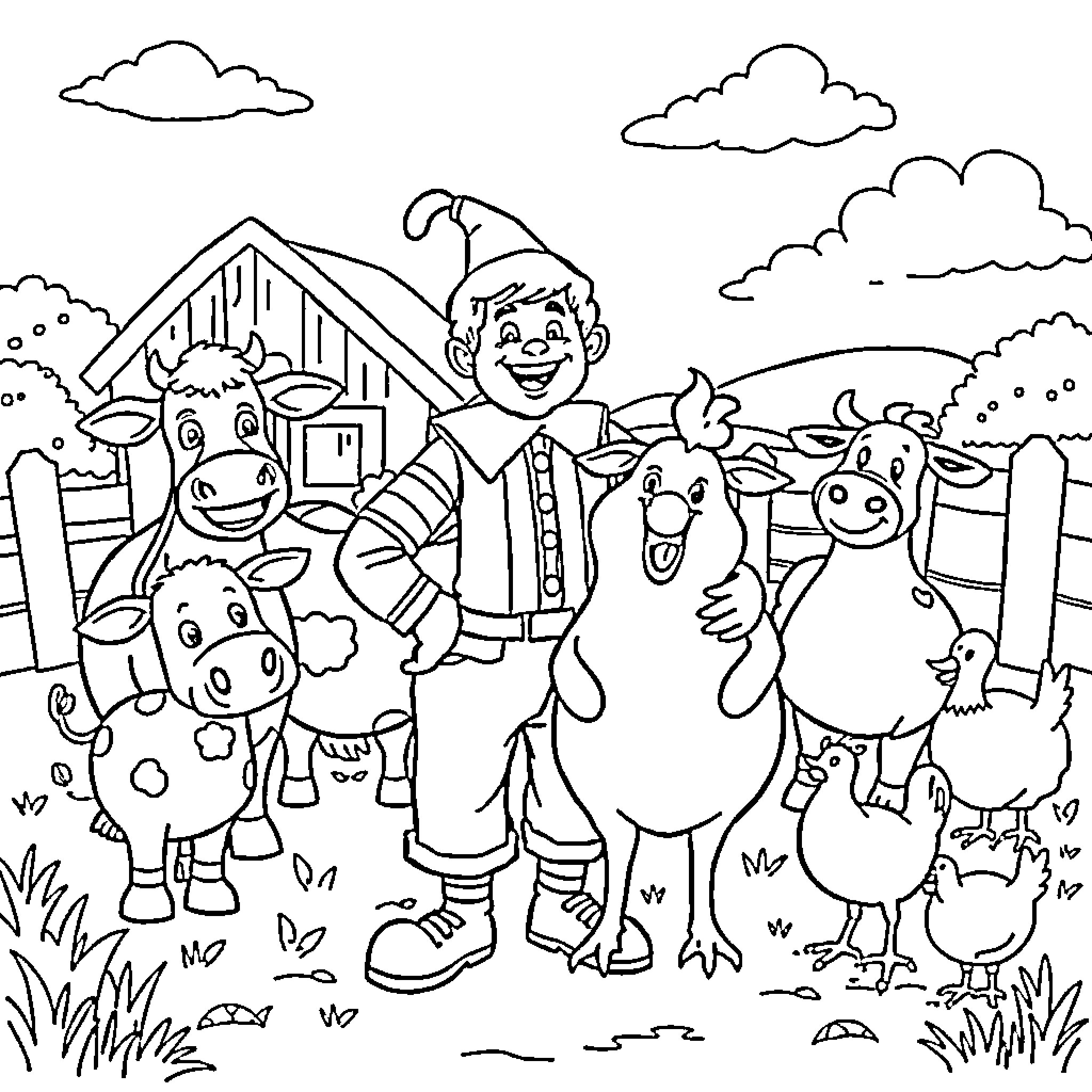 Old McDonald's Farmyard Friends Coloring Page (free black-and-white line drawing printable PDF for all, from beginners to advanced learners, including children, teens, adults, and seniors)