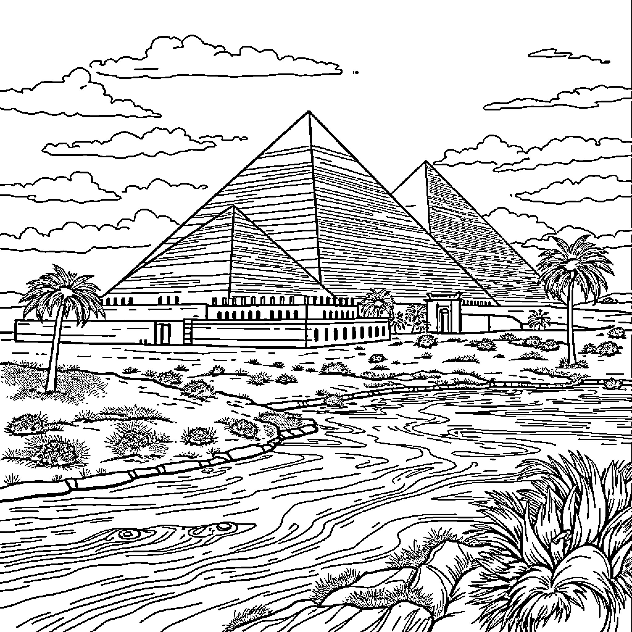 Pyramid structures in an Egyptian landscape Coloring Page (free black-and-white line drawing printable PDF for all, from beginners to advanced learners, including children, teens, adults, and seniors)