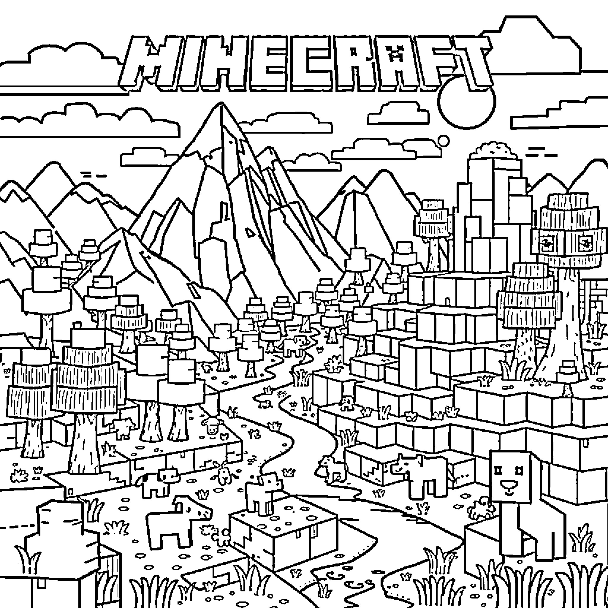 Minecraft world with mountains, cities, and villages Coloring Page (free black-and-white line drawing printable PDF for all, from beginners to advanced learners, including children, teens, adults, and seniors)