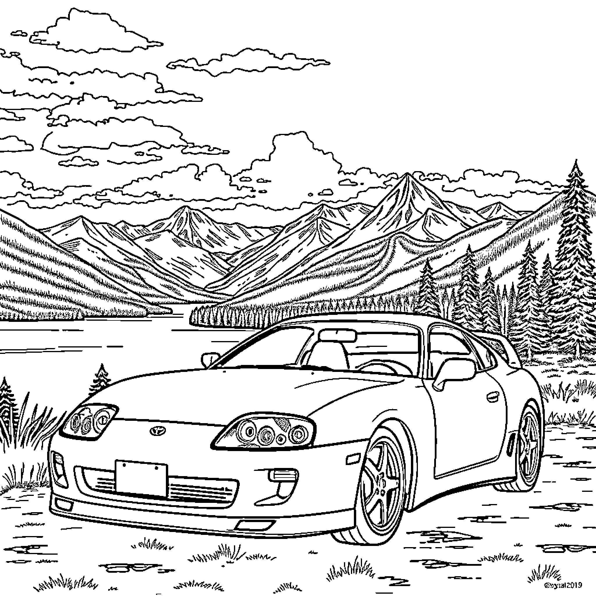 Toyota sports car in scenic mountain landscape Coloring Page (free black-and-white line drawing printable PDF for all, from beginners to advanced learners, including children, teens, adults, and seniors)