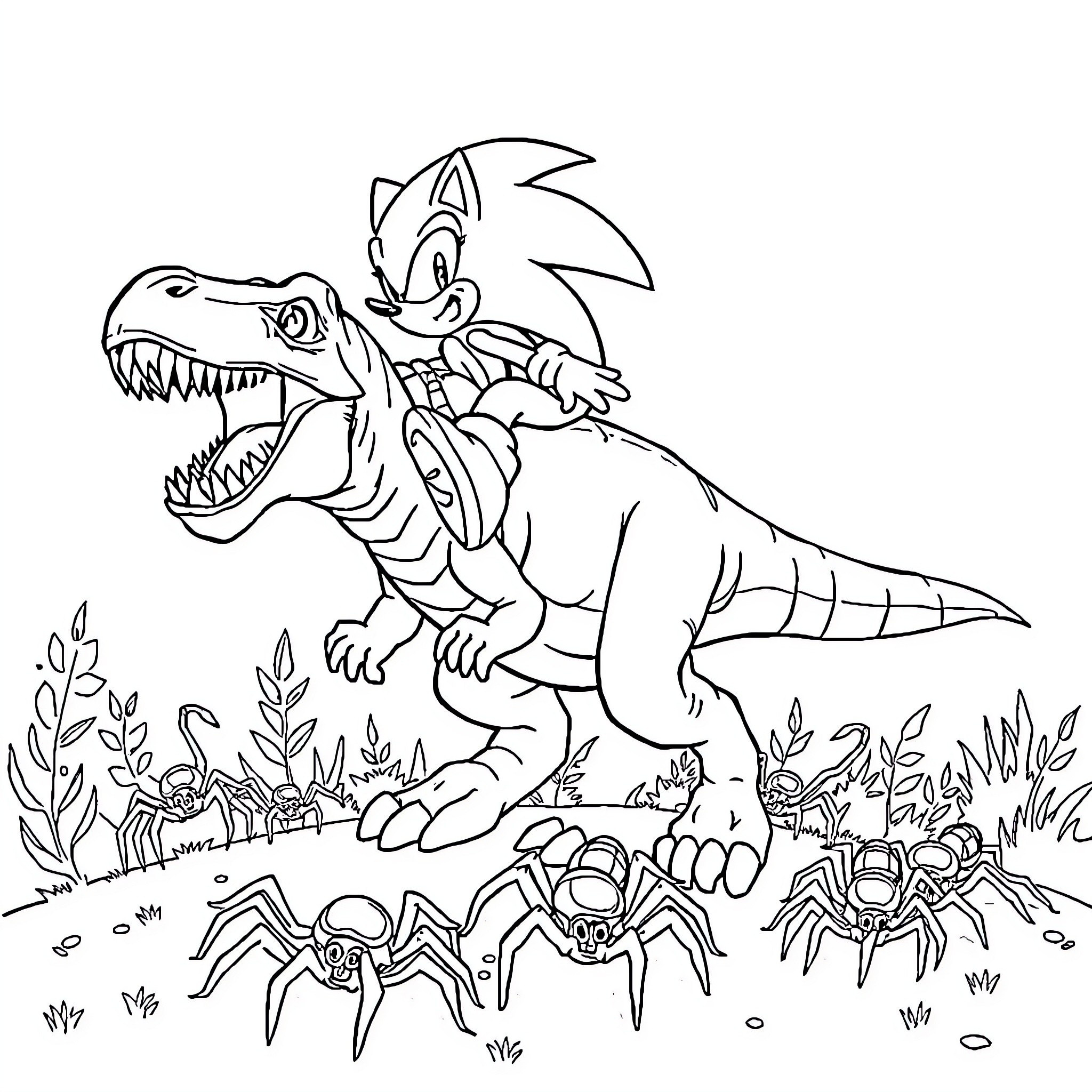 Sonic's Daring Encounter with Prehistoric Creatures Coloring Page (free black-and-white line drawing printable PDF for all, from beginners to advanced learners, including children, teens, adults, and seniors)