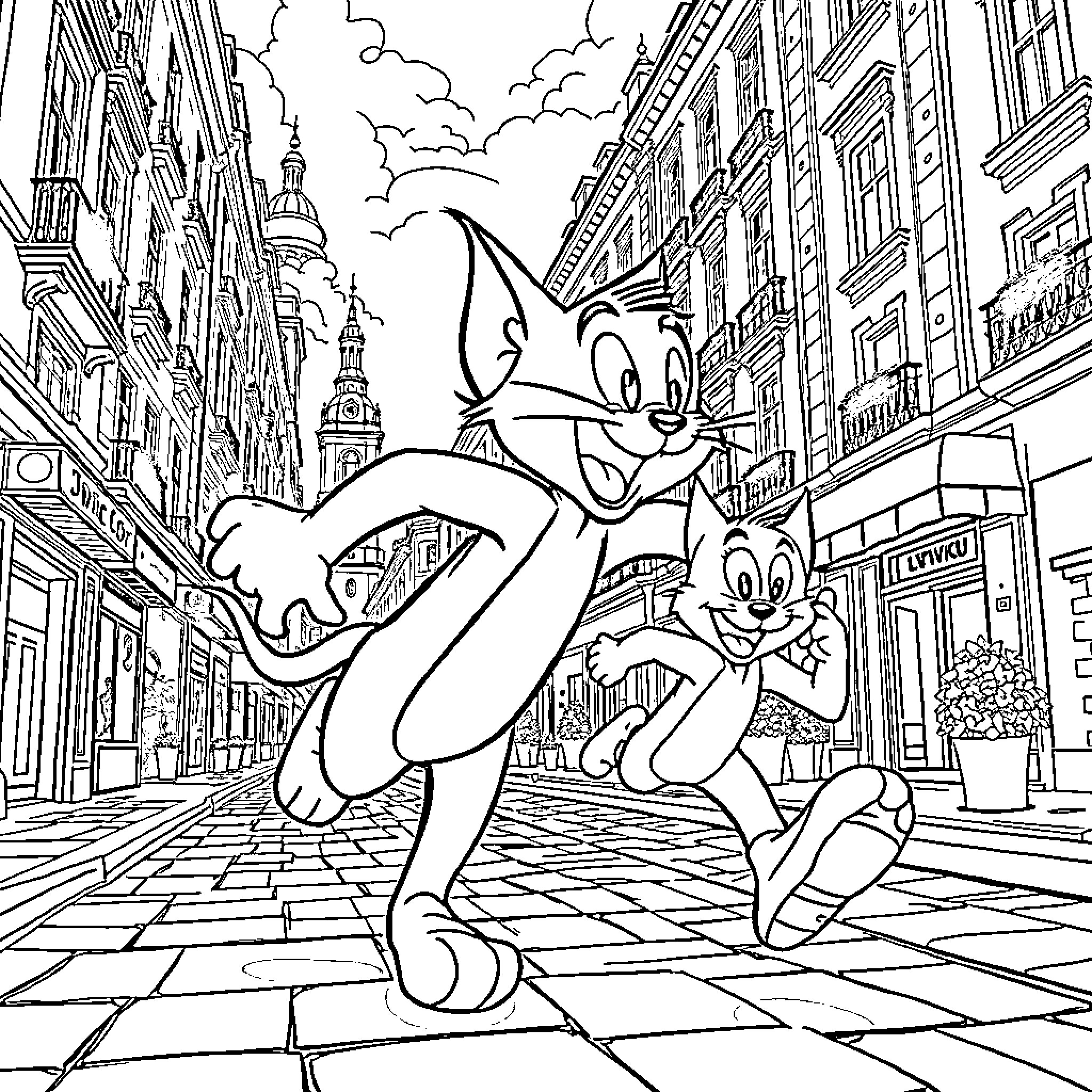 Tom and Jerry chasing each other through a city street Coloring Page (free black-and-white line drawing printable PDF for all, from beginners to advanced learners, including children, teens, adults, and seniors)
