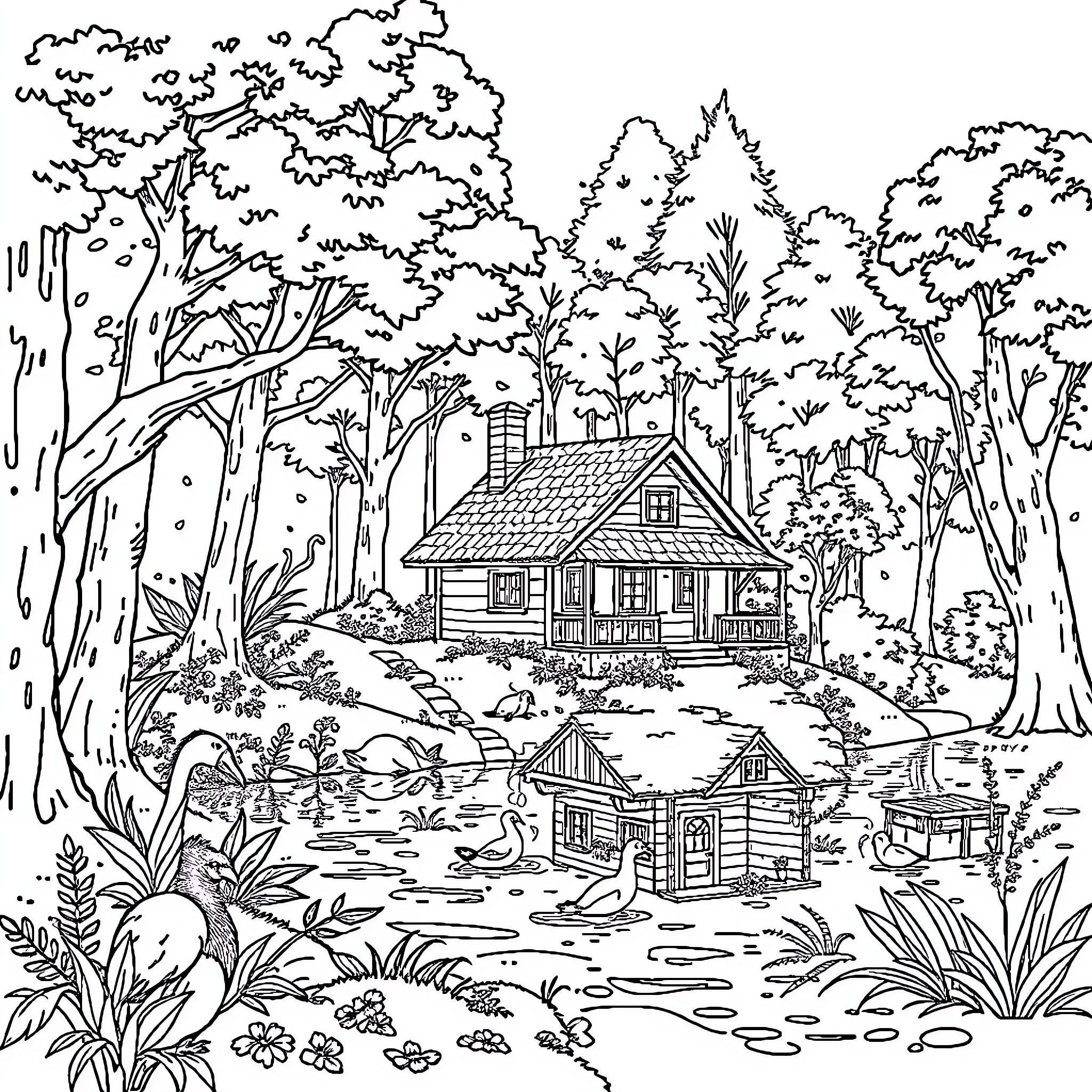 House in a serene woodland landscape Coloring Page (free black-and-white line drawing printable PDF for all, from beginners to advanced learners, including children, teens, adults, and seniors)