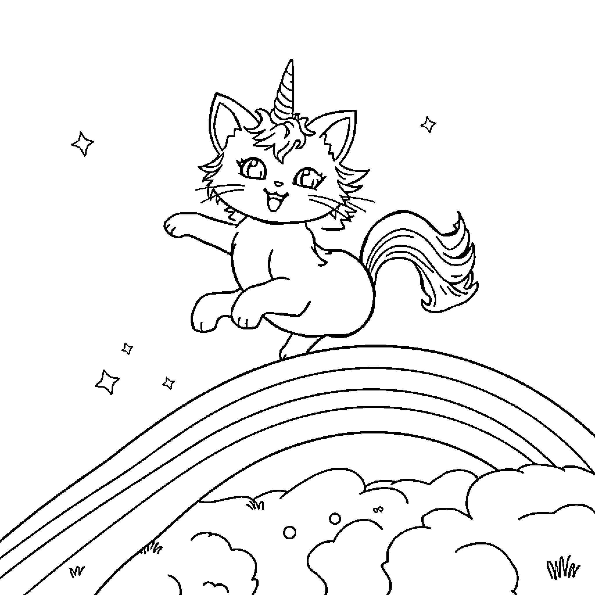 Unicorn cat playing in a whimsical landscape Coloring Page (free black-and-white line drawing printable PDF for all, from beginners to advanced learners, including children, teens, adults, and seniors)