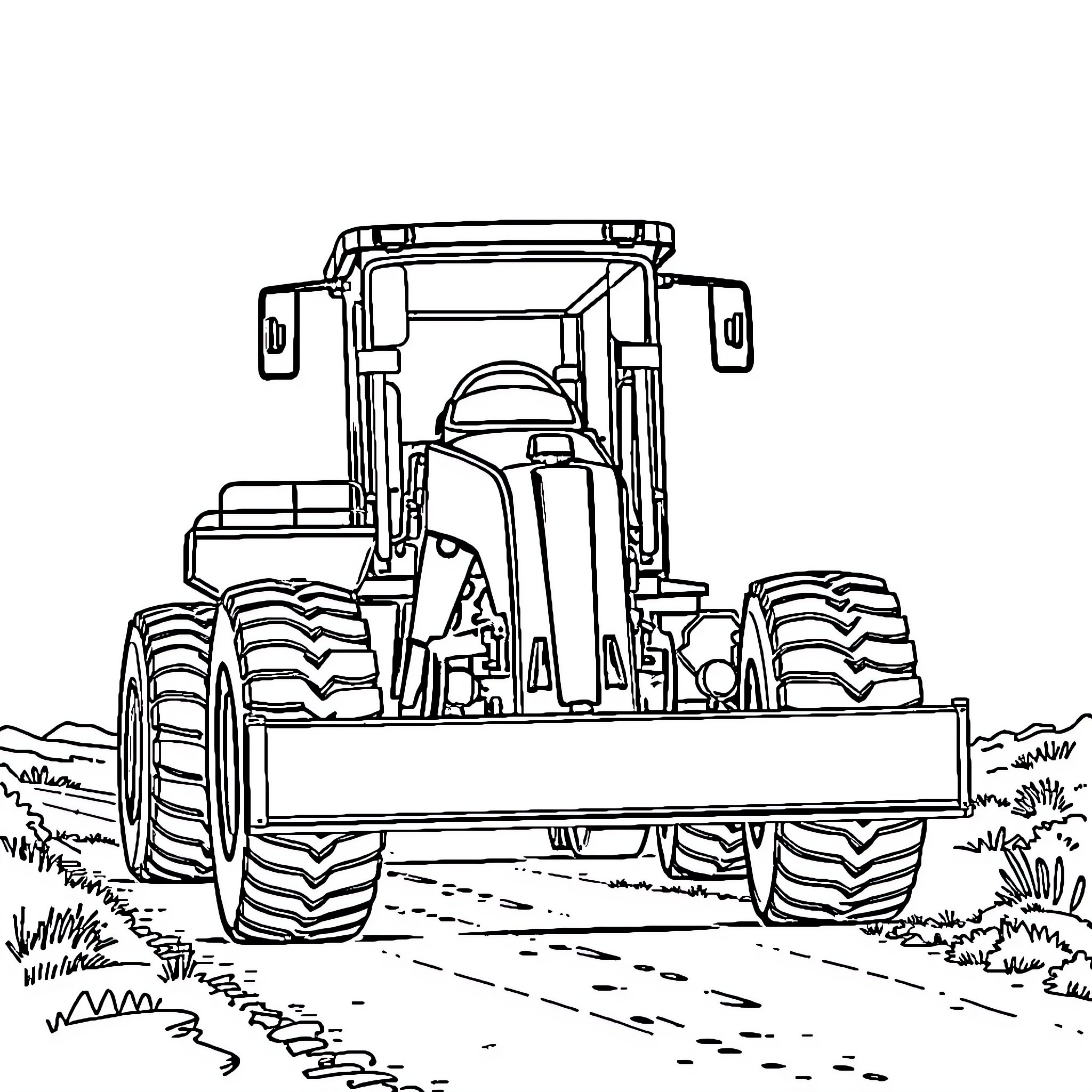 Roadgrader working on rural terrain Coloring Page (free black-and-white line drawing printable PDF for all, from beginners to advanced learners, including children, teens, adults, and seniors)
