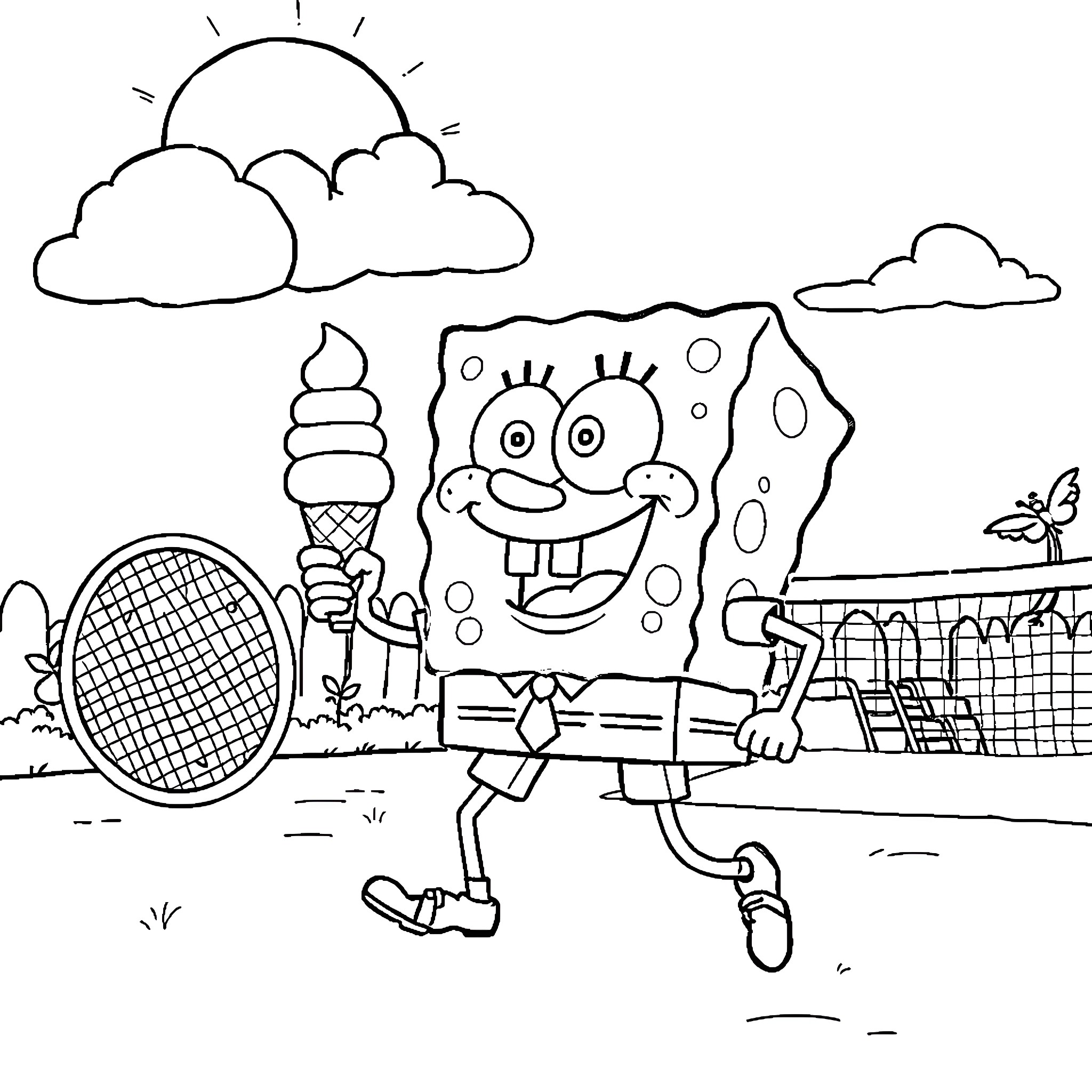 Spongebob playing tennis with an ice cream cone Coloring Page (free black-and-white line drawing printable PDF for all, from beginners to advanced learners, including children, teens, adults, and seniors)