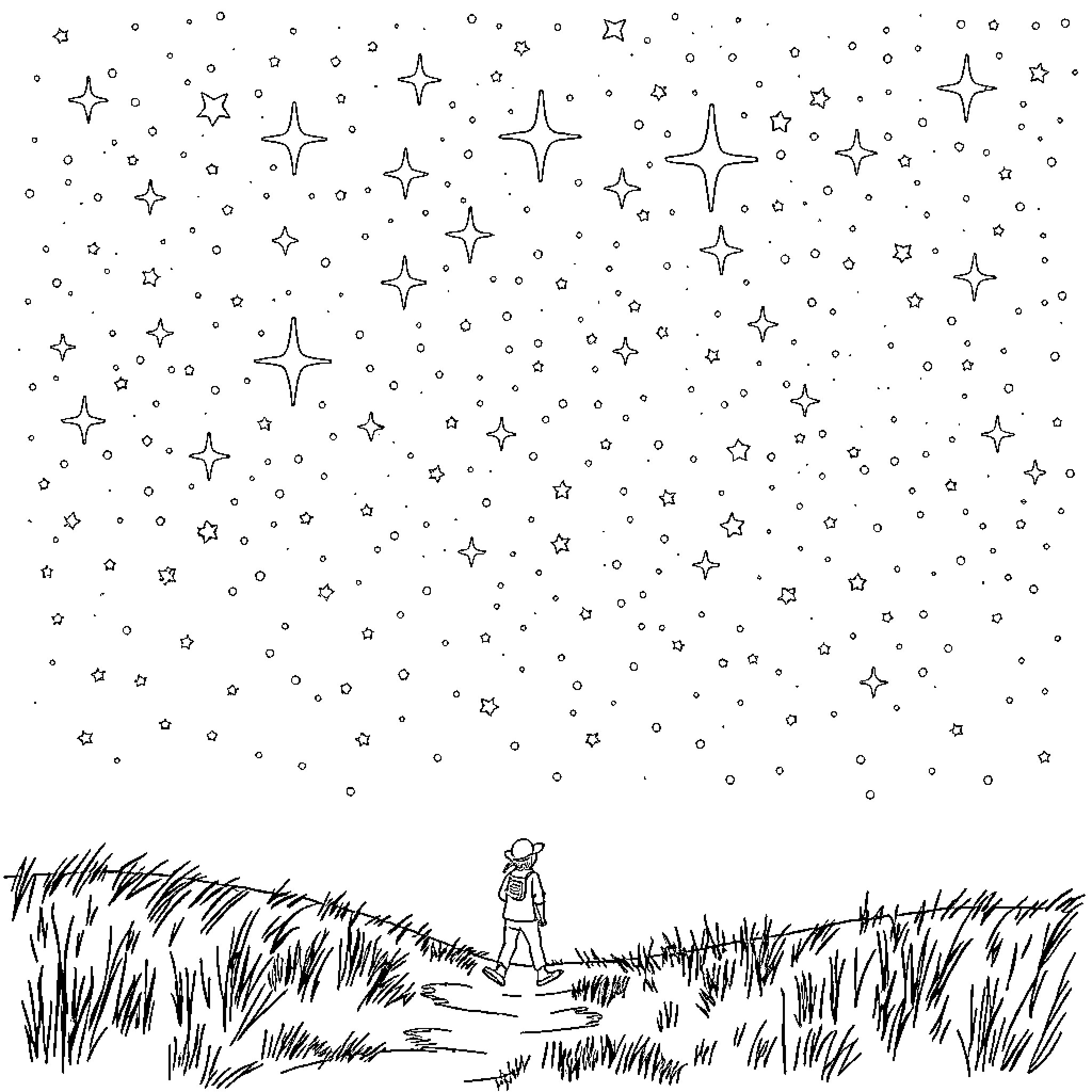 Star-Gazing in the Night Sky Coloring Page (free black-and-white line drawing printable PDF for all, from beginners to advanced learners, including children, teens, adults, and seniors)