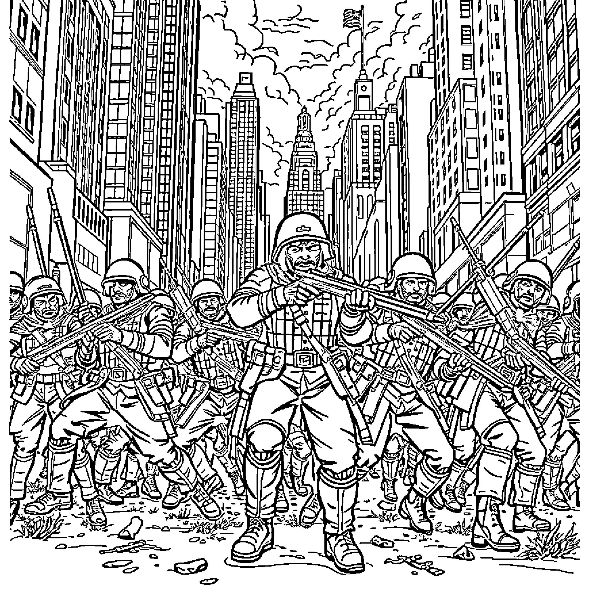 Revolutionary War Soldiers Battling in the City Streets Coloring Page (free black-and-white line drawing printable PDF for all, from beginners to advanced learners, including children, teens, adults, and seniors)