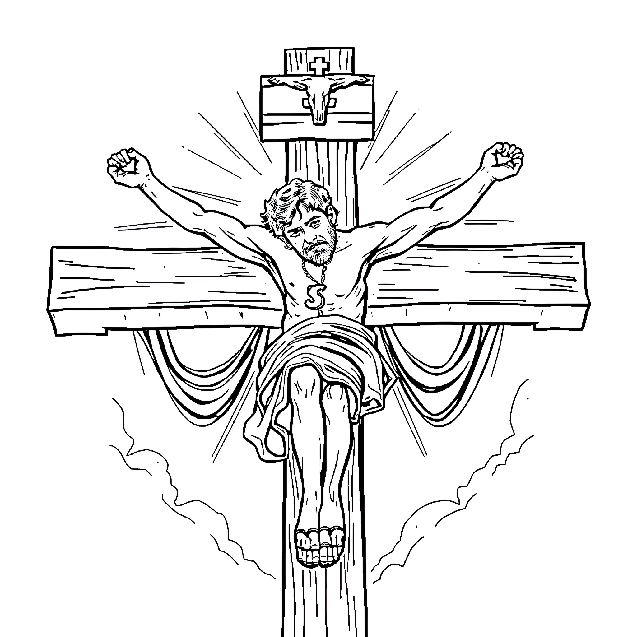 Dale Earnhardt Sr. Crucified on a Cross Coloring Page (free black-and-white line drawing printable PDF for all, from beginners to advanced learners, including children, teens, adults, and seniors)