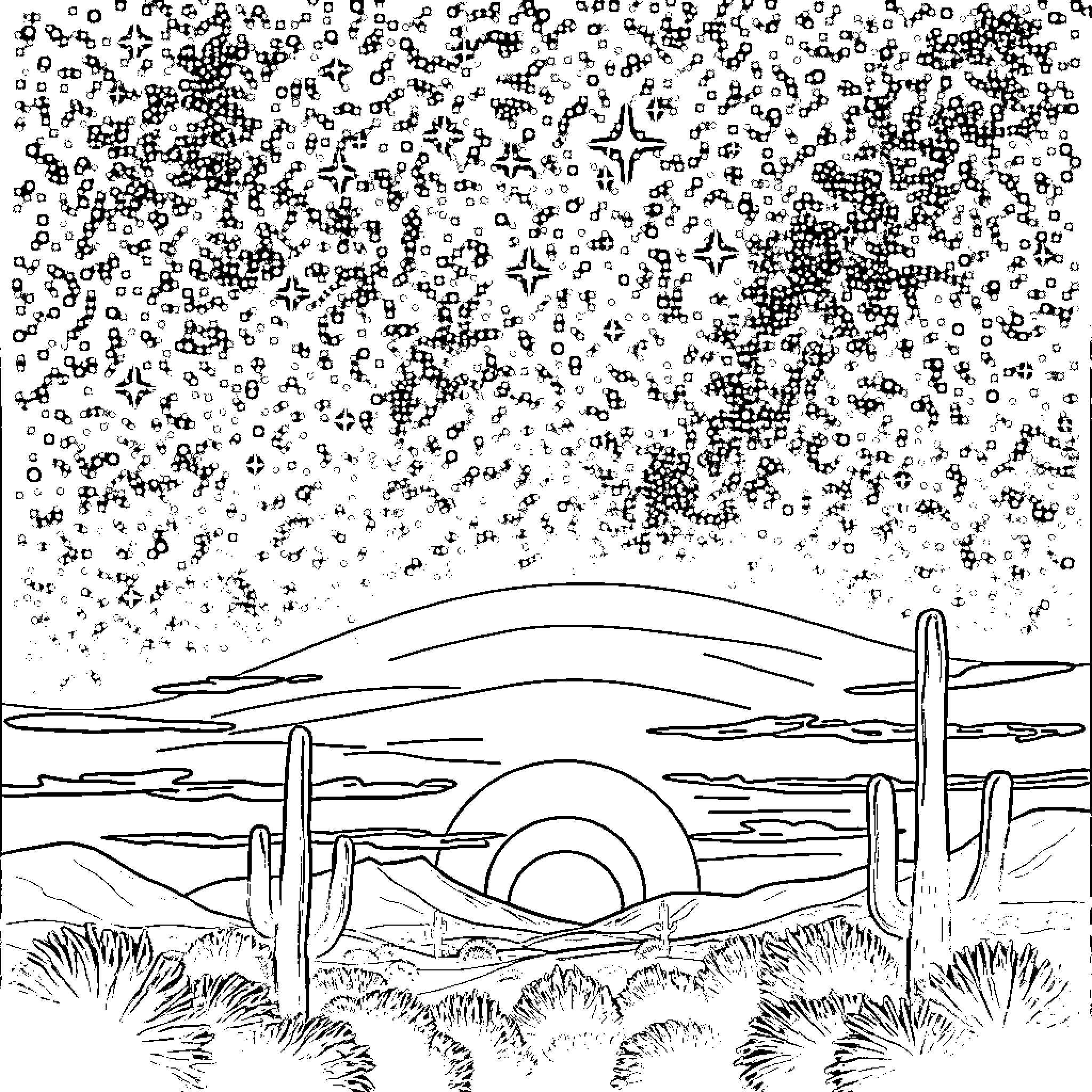 Night Sky Filled with Twinkling Stars over Desert Landscape Coloring Page (free black-and-white line drawing printable PDF for all, from beginners to advanced learners, including children, teens, adults, and seniors)