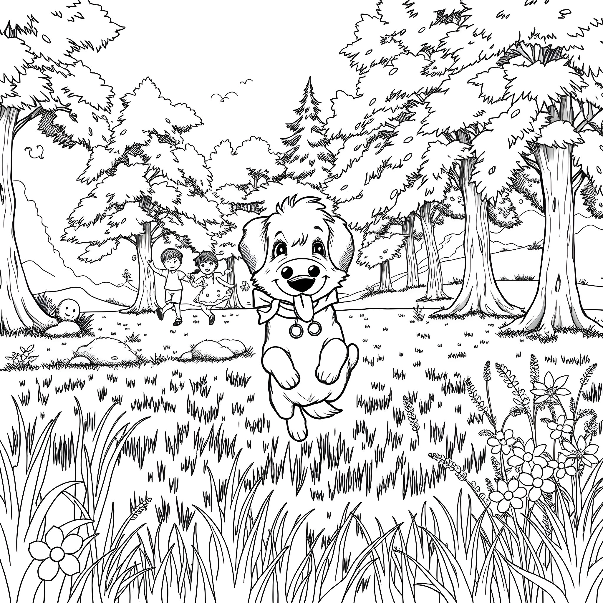 Dog playing happily in the forest Coloring Page (free black-and-white line drawing printable PDF for all, from beginners to advanced learners, including children, teens, adults, and seniors)