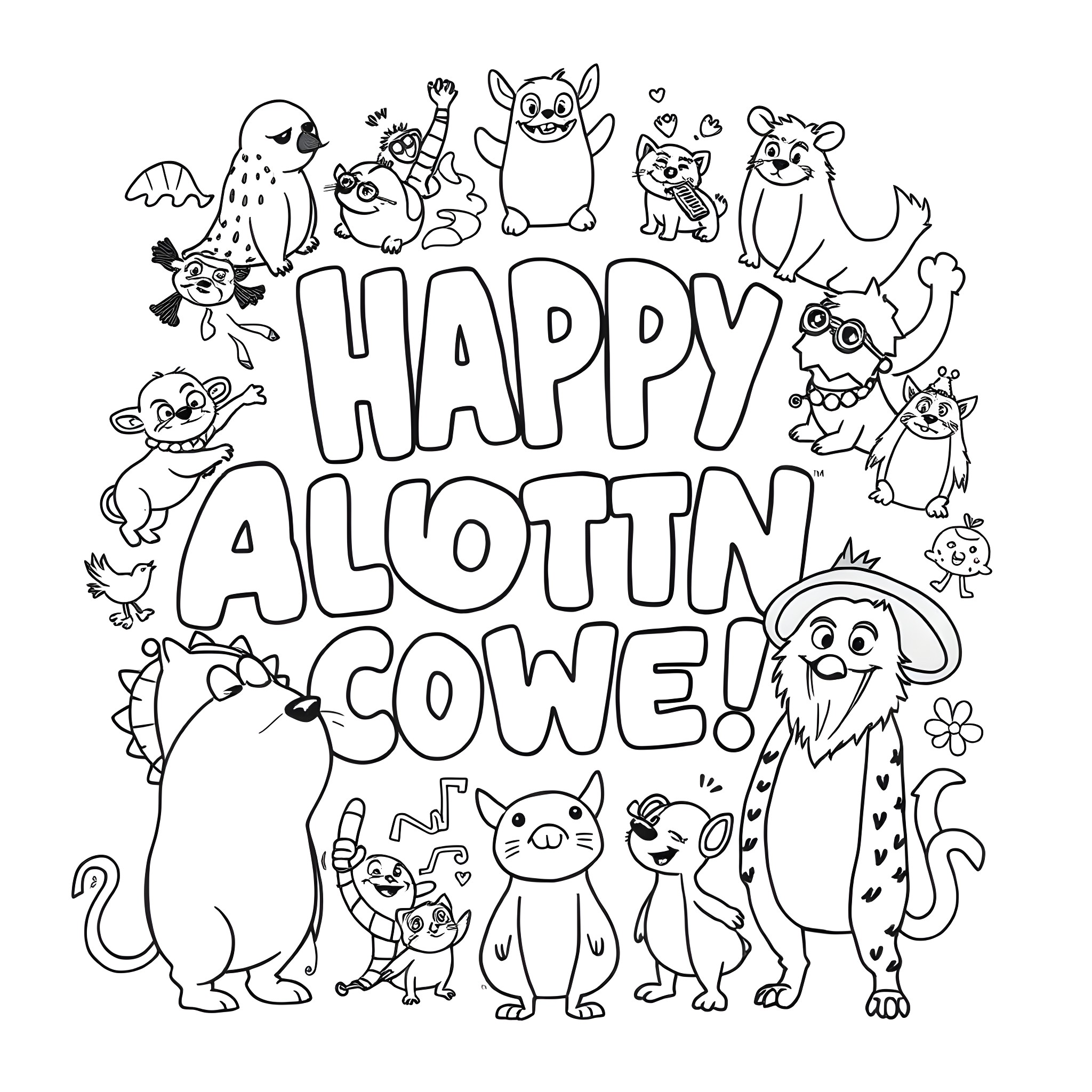 Find Out the Cheerful Animals in Happy Allotton Cowe! Coloring Page (free black-and-white line drawing printable PDF for all, from beginners to advanced learners, including children, teens, adults, and seniors)
