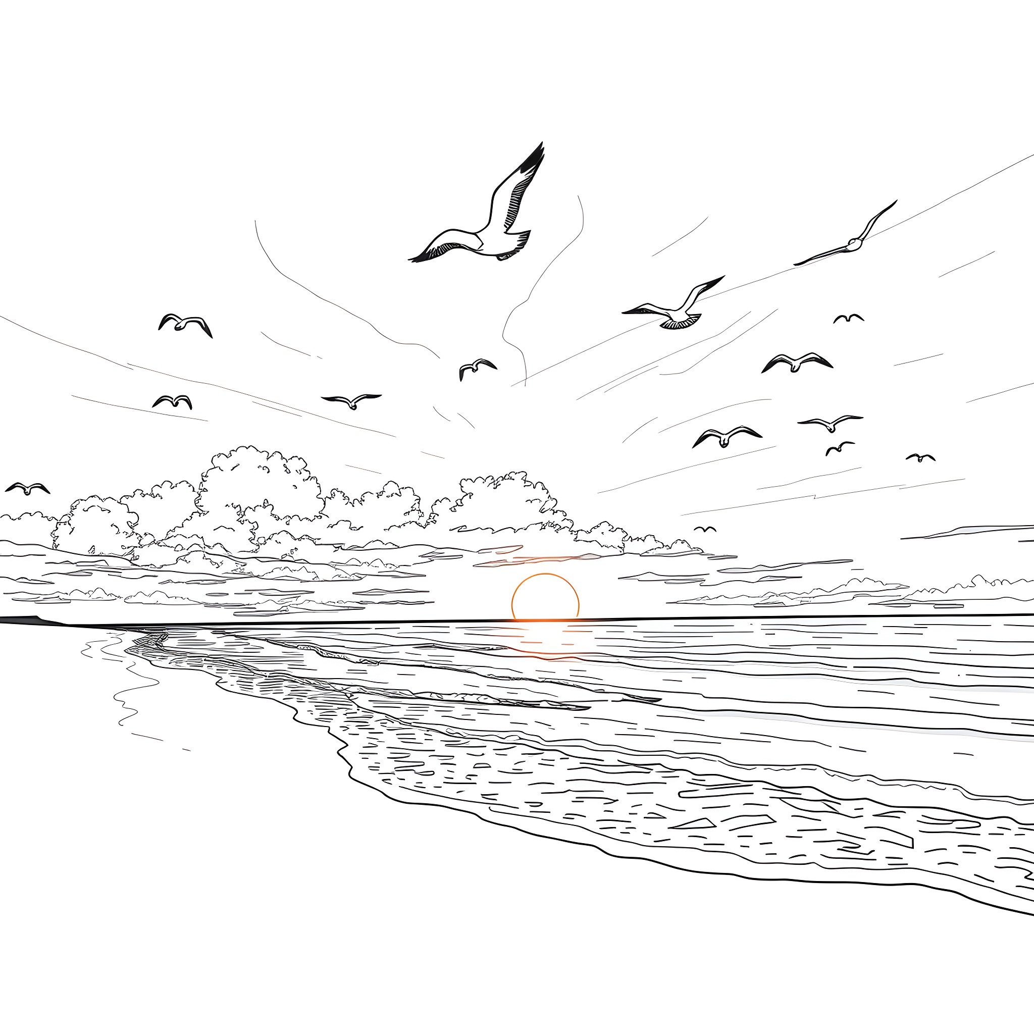 Beach scene with birds and sunset Coloring Page (free black-and-white line drawing printable PDF for all, from beginners to advanced learners, including children, teens, adults, and seniors)