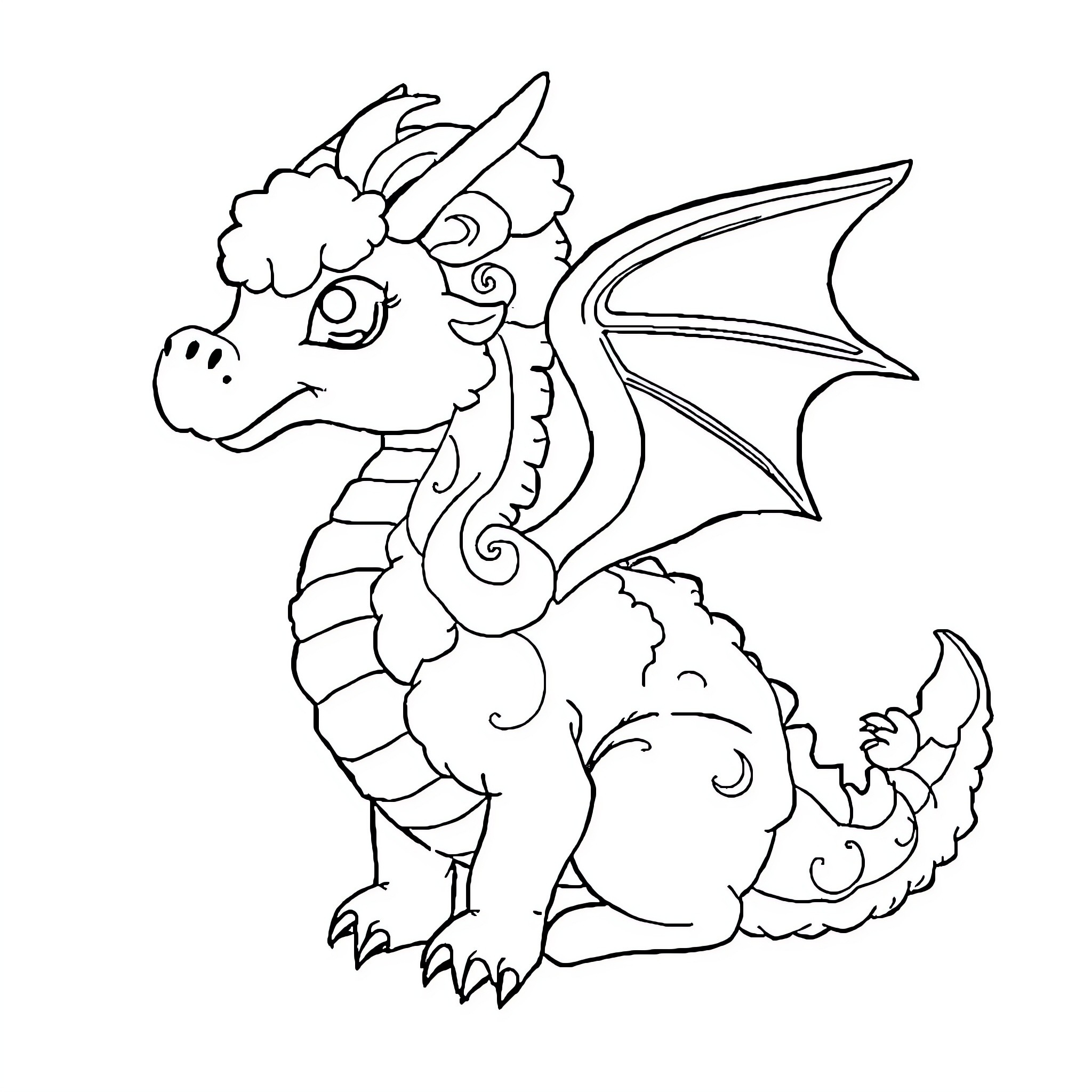 Dragon with Ornate Adornments and Expressive Features Coloring Page (free black-and-white line drawing printable PDF for all, from beginners to advanced learners, including children, teens, adults, and seniors)