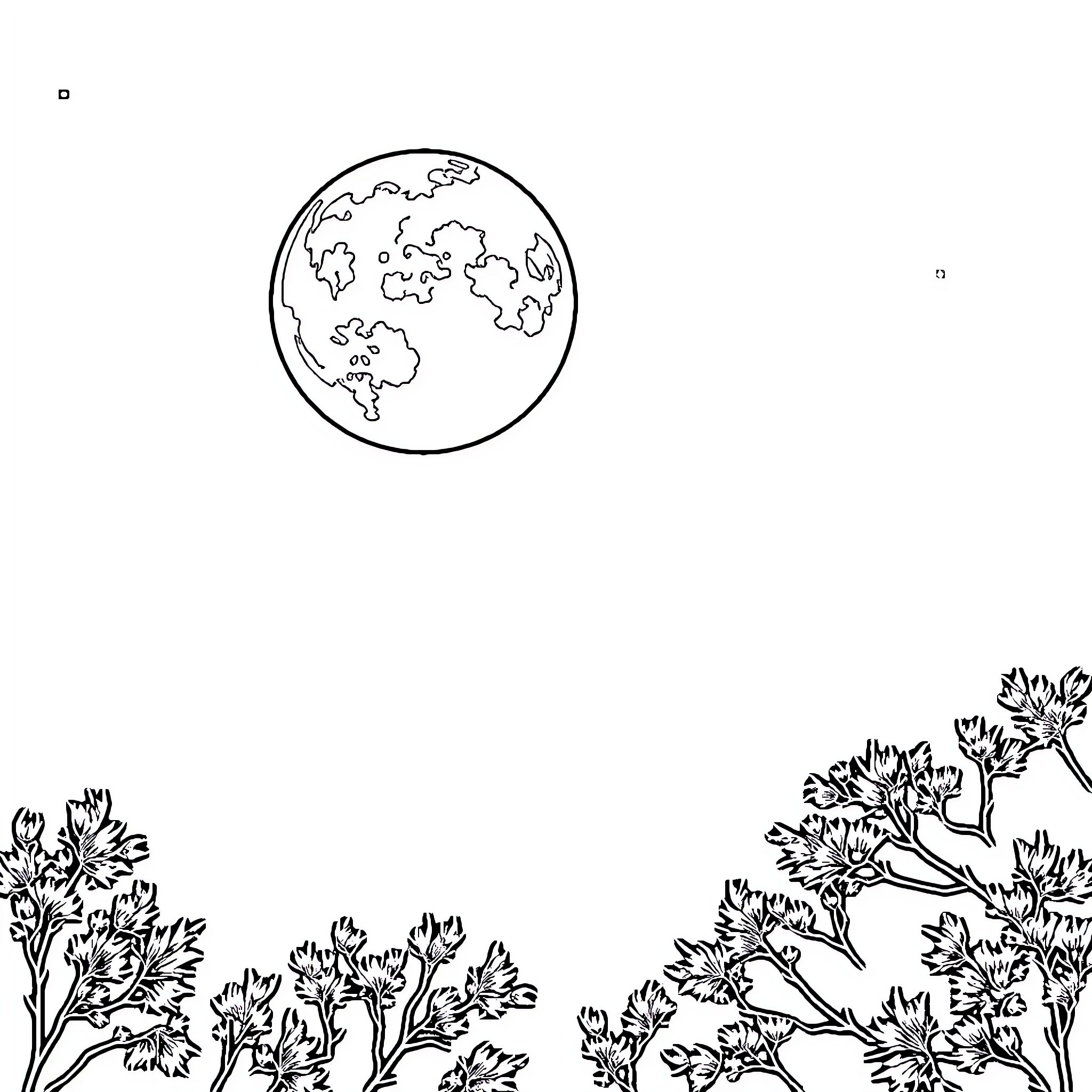 Moon rising over silhouetted trees Coloring Page (free black-and-white line drawing printable PDF for all, from beginners to advanced learners, including children, teens, adults, and seniors)